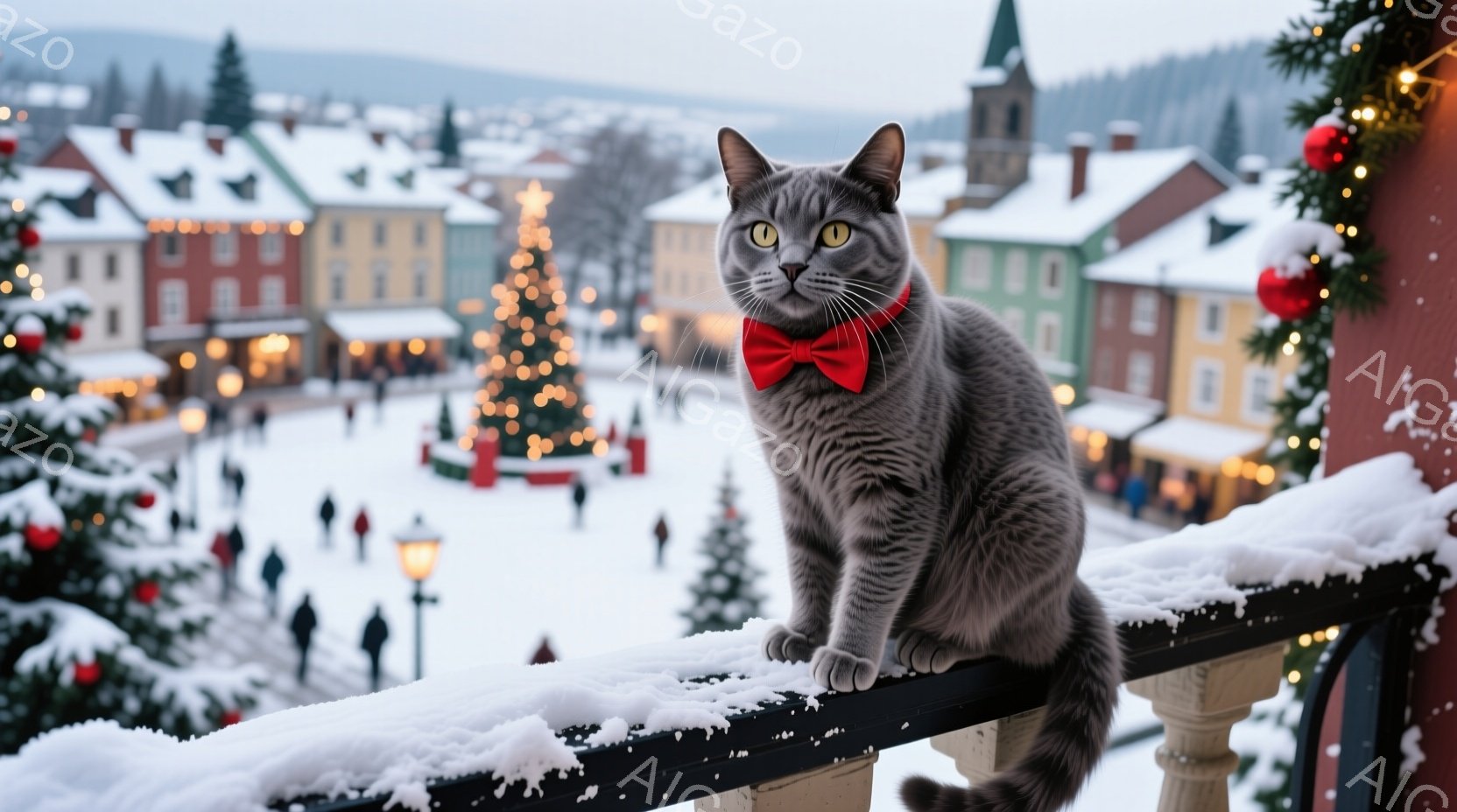 灰色の毛並みの猫が、雪で覆われた手すりに座ってこちらを見ている。背景には、クリスマスのイルミネーションで飾られた建物が並び、雪景色が広がり、冬の温かく幻想的な雰囲気が漂っている。猫は赤い蝶ネクタイをつ - AI生成フリー素材