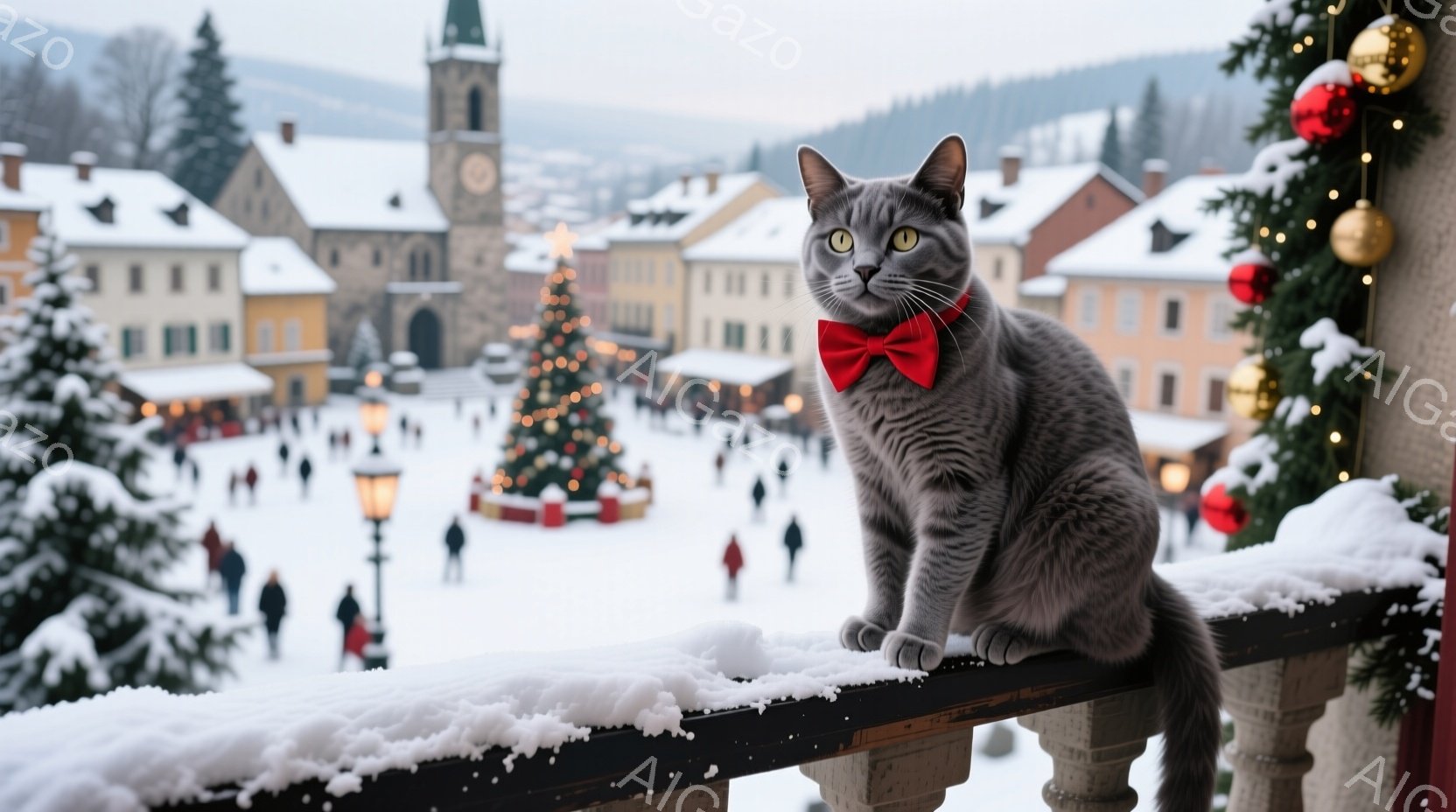 灰色の猫が雪で覆われた手すりに座り、赤い蝶ネクタイを付けてこちらを見つめています。背景には、雪に覆われた建物が密集し、クリスマスツリーが飾られた賑やかな広場が広がっています。全体的に、冬の暖かく、お祭 - AI生成フリー素材