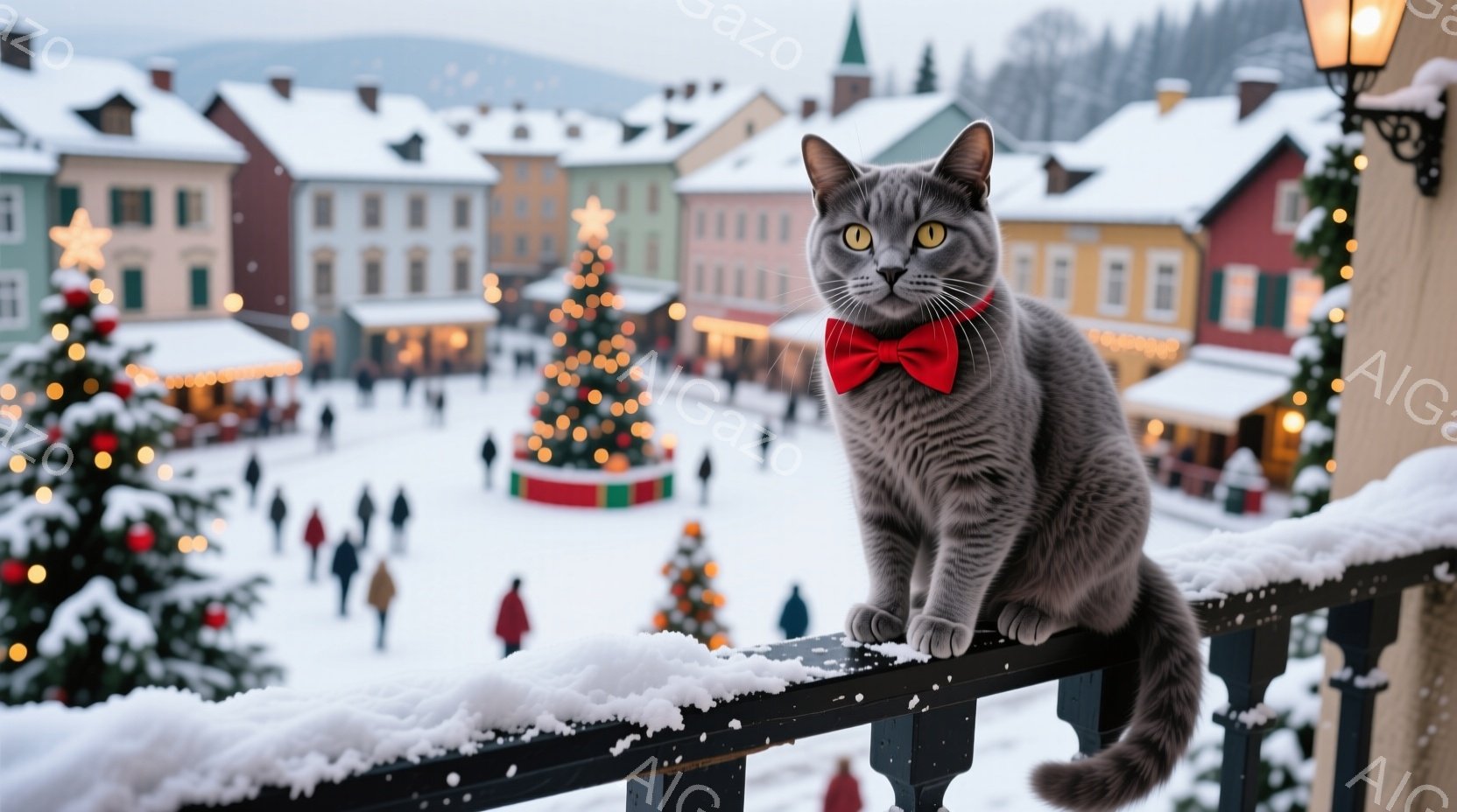灰色の猫が雪で覆われた柵の上に座っており、赤い蝶ネクタイを締めている。背景には、クリスマスツリーやイルミネーションで飾られた、雪景色の中の可愛らしい建物が並び、多くの人々がスケートを楽しんでいる様子が - AI生成フリー素材