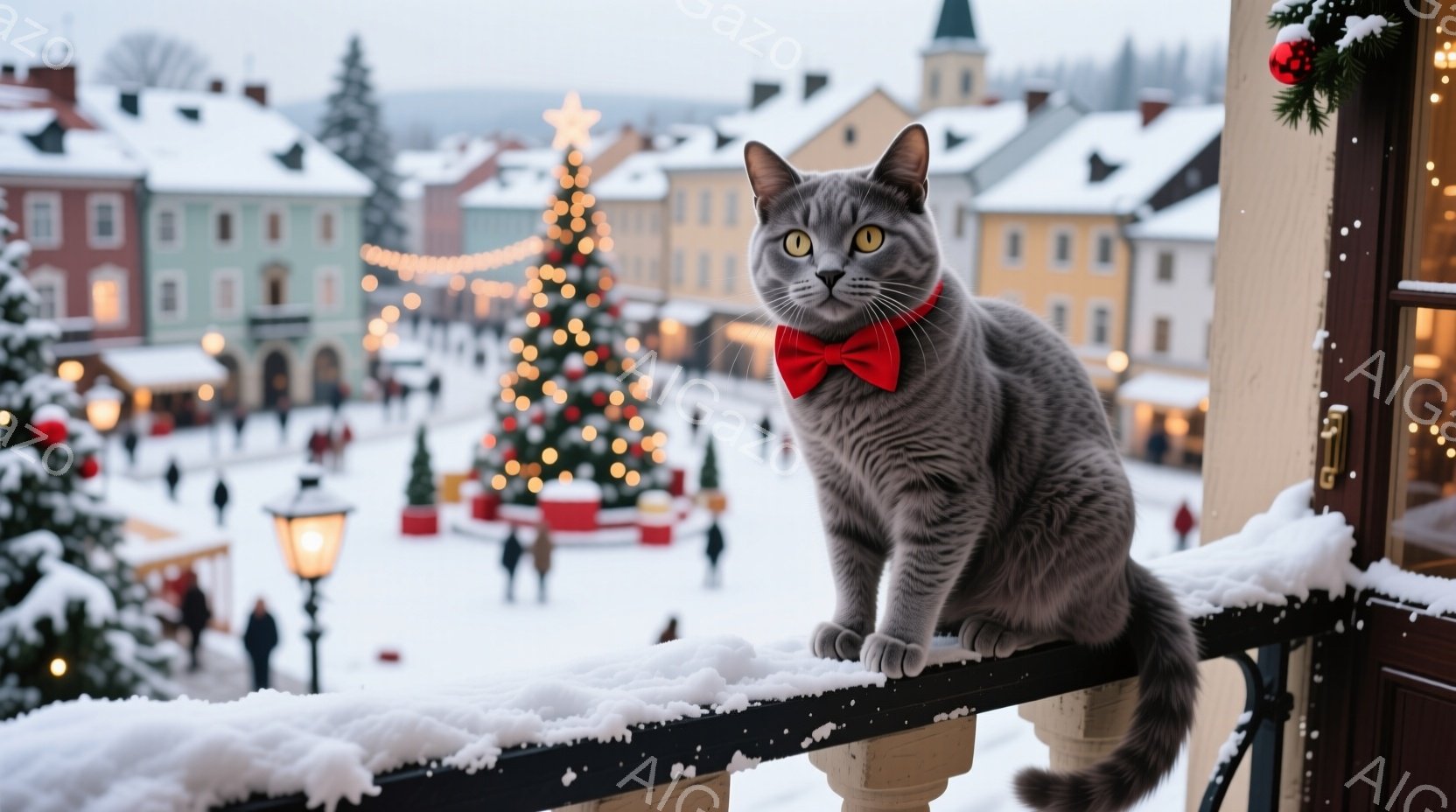 灰色の猫がバルコニーの手すりに座り、赤い蝶ネクタイを締めて正面を見つめている。背景には雪景色が広がり、クリスマスツリーやライトアップされた建物が並び、冬の祝祭の雰囲気が漂っている。雪が降り積もり、暖か - AI生成フリー素材