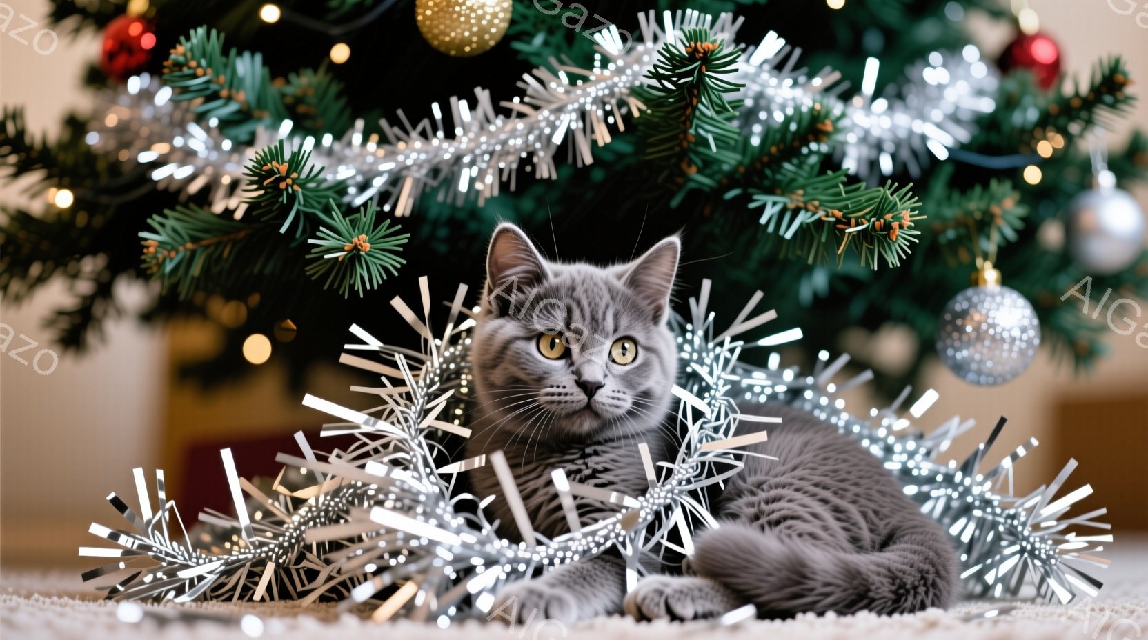 灰色の毛並みの猫が、クリスマスツリーの足元にある銀色の飾り付けの中に丸まって横たわっています。猫は金色の瞳でカメラを見つめ、リラックスした表情をしています。背景には緑色のクリスマスツリーと、ぼんやりと - AI生成フリー素材