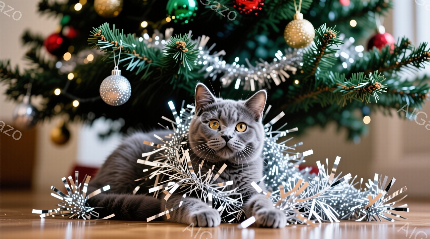 灰色の猫が、クリスマスツリーの足元に横たわっています。銀色のガーランドに体を預け、落ち着いた表情でこちらを見つめています。背景には、飾り付けられたクリスマスツリーがぼんやりと見え、暖かく穏やかな雰囲気 - AI生成フリー素材