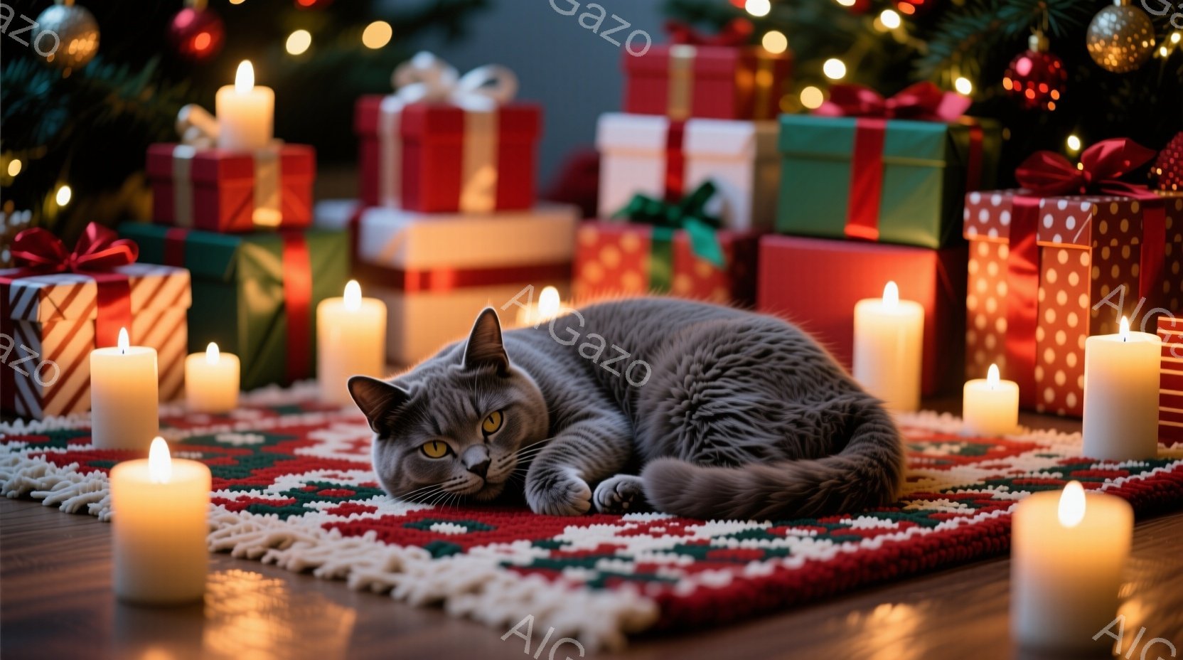 灰色の猫が赤い敷物の上で丸まって横たわっており、その周りには点灯したキャンドルが並んでいる。背景には、リボンで飾られた様々な色のギフトボックスが積み重ねられ、クリスマスの雰囲気が漂っている。暖かく、落 - AI生成フリー素材