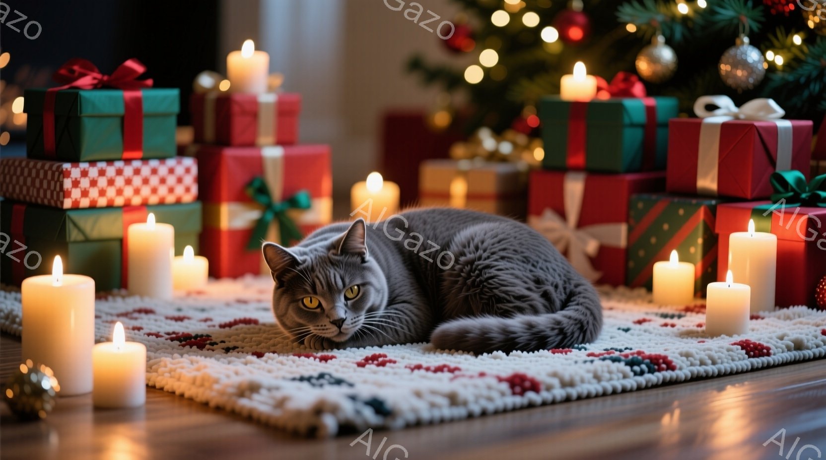 灰色の猫が白い敷物の上に横たわっており、その周りには点灯したキャンドルが配置されています。背景には、クリスマスツリーと、赤と緑のリボンで飾られたプレゼントの山が見え、暖かく心地よい雰囲気が漂っています - AI生成フリー素材