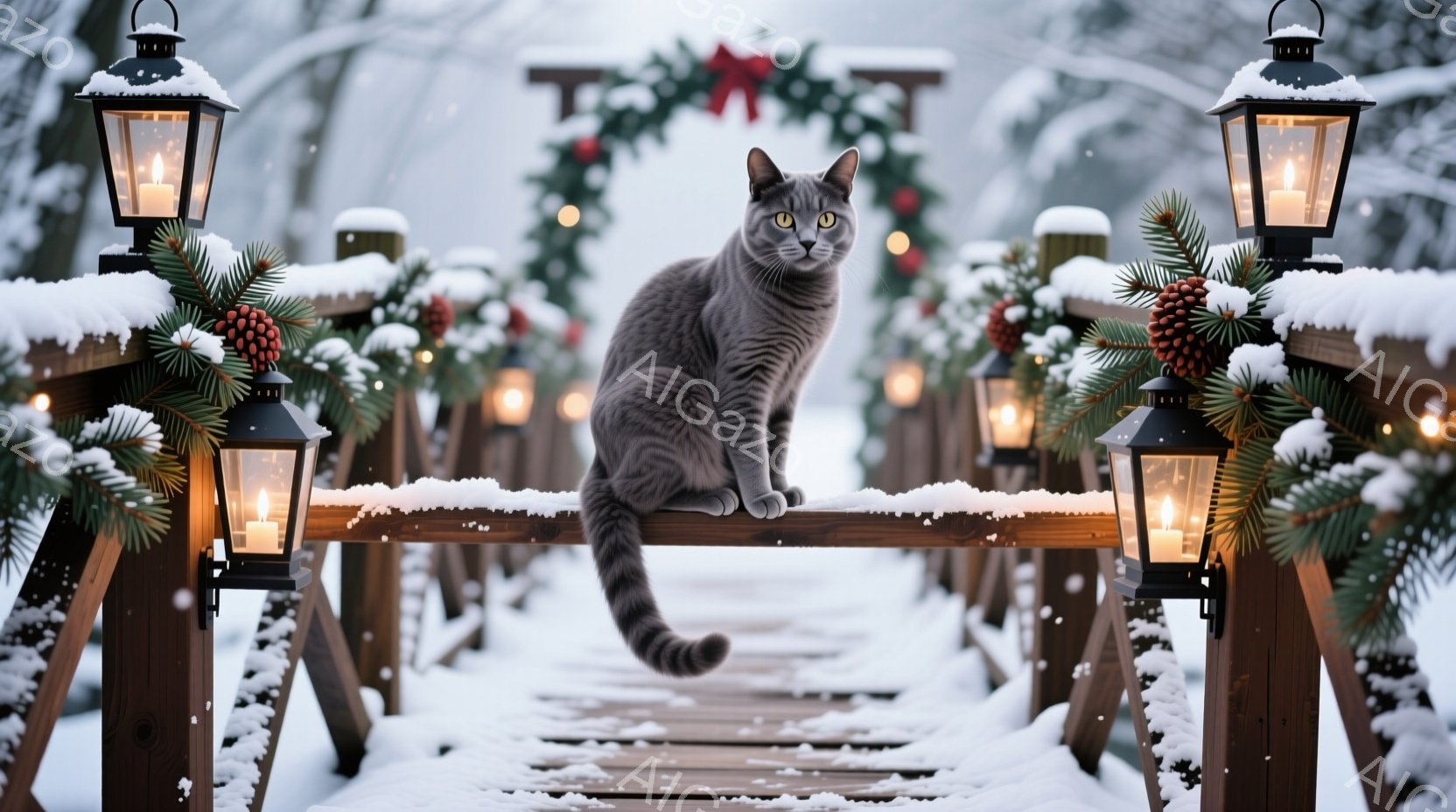 灰色の猫が、雪で覆われた木製のアーチ状の通路の手すりに座っています。アーチは、松飾りと赤いオーナメントで飾られ、両側にキャンドルが灯ったランタンが並んでいます。背景は雪景色で、穏やかで幻想的な冬の雰囲 - AI生成フリー素材