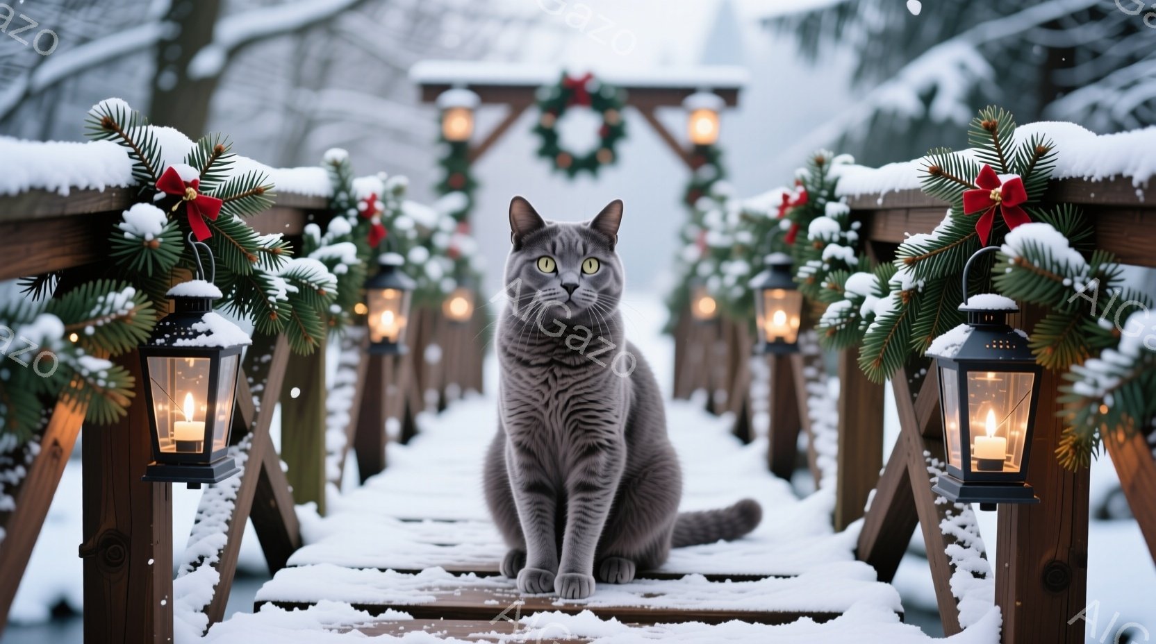 雪が降る木製の歩道に、灰色の毛並みの猫が座ってこちらを見ている。歩道にはキャンドルが灯されたランタンと、赤いリボンと松ぼっくりで飾られたクリスマスツリーの飾りが並び、背景にはクリスマスのリースが飾られたアーチが見える。全体的に、冬の暖かい祝祭の雰囲気を醸し出している。