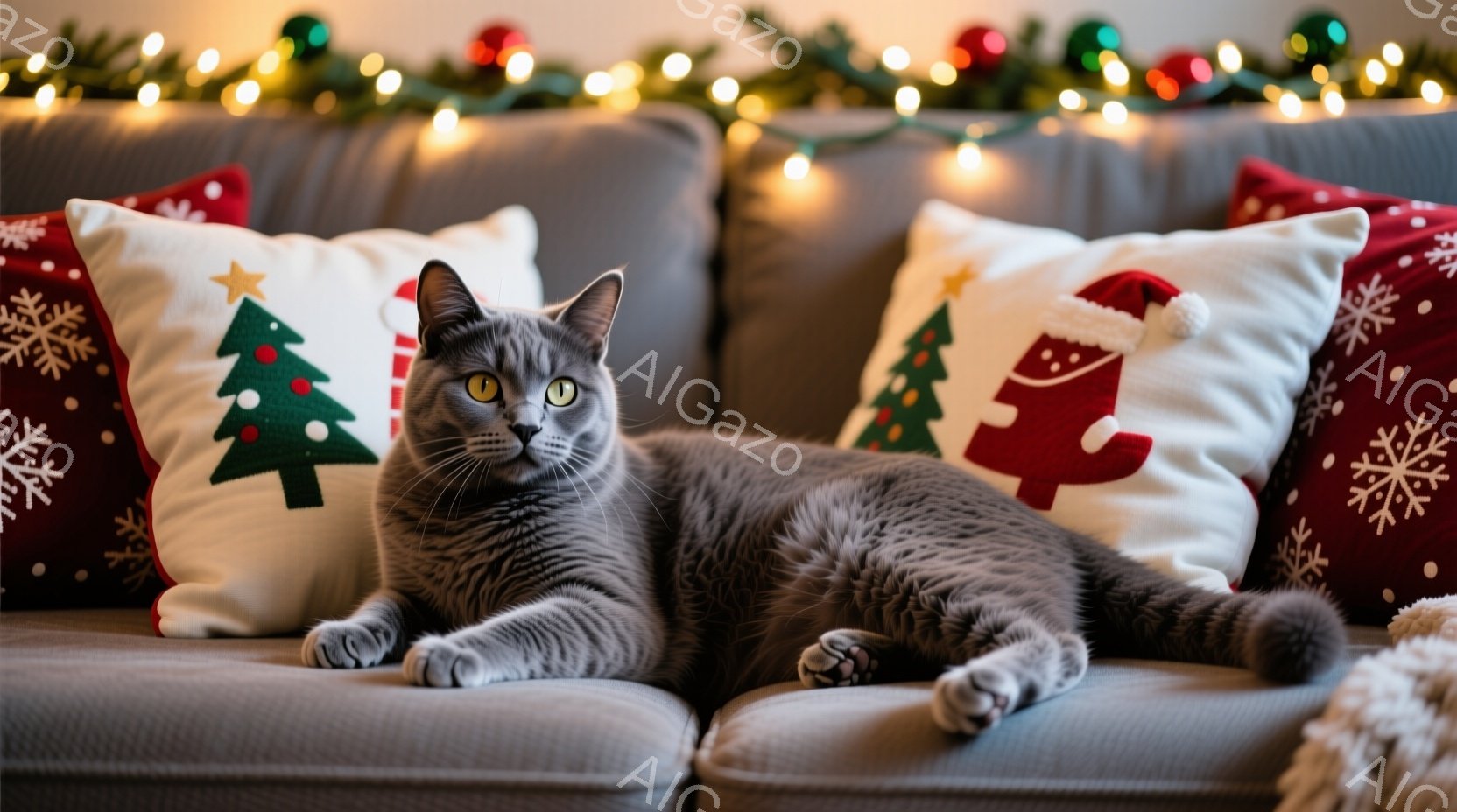 灰色の猫が、クリスマスの柄のクッションに囲まれた灰色のソファに横たわっています。猫はリラックスした表情で、前足は組み、視線は正面を向いています。背景には、キラキラ光るクリスマスライトがあり、暖かい冬の雰囲気を演出しています。