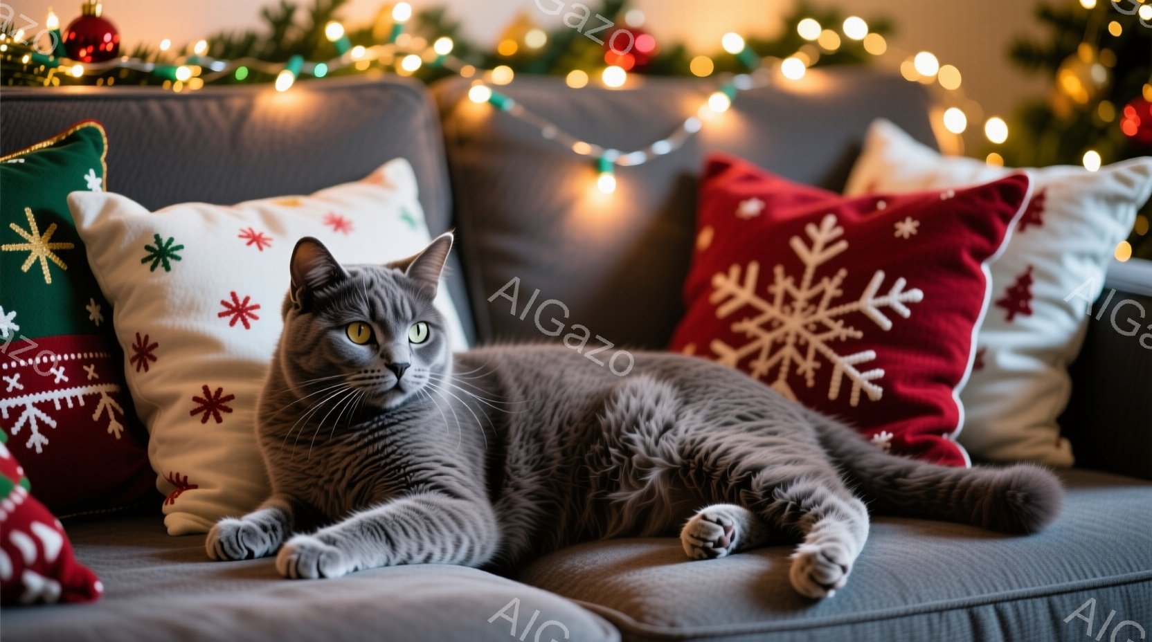 灰色の猫が、クリスマスの装飾がされたソファに横たわっています。猫はリラックスした様子で、前足を伸ばしてくつろいでおり、その表情は穏やかで少し眠たげです。背景には、キラキラと光るクリスマスライトと、赤や - AI生成フリー素材