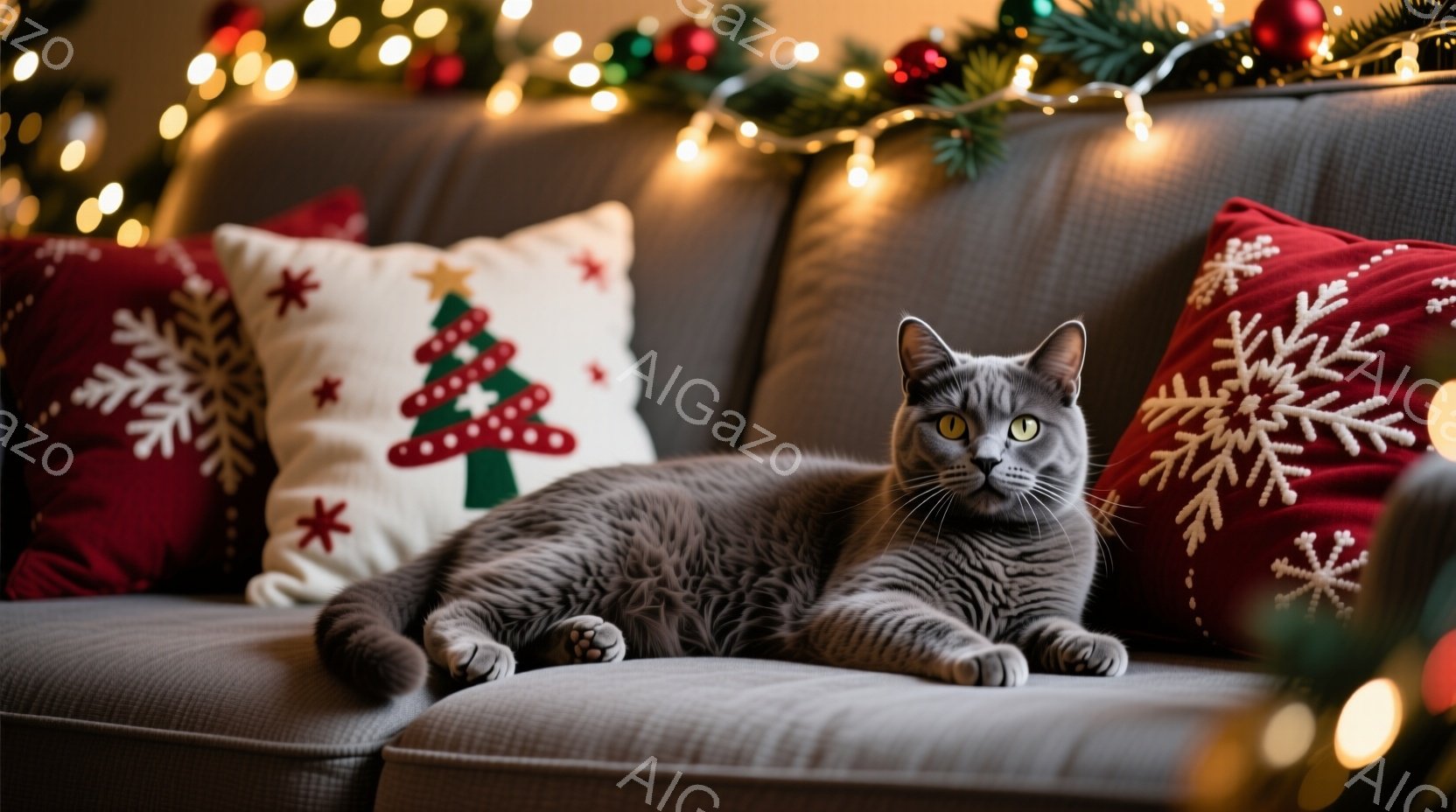 灰色の猫が、クリスマスをテーマにしたクッションに囲まれたソファでリラックスして横たわっています。猫は正面を見つめ、わずかに微笑んでいるように見え、その目は金色に輝いています。背景にはぼやけたクリスマス - AI生成フリー素材