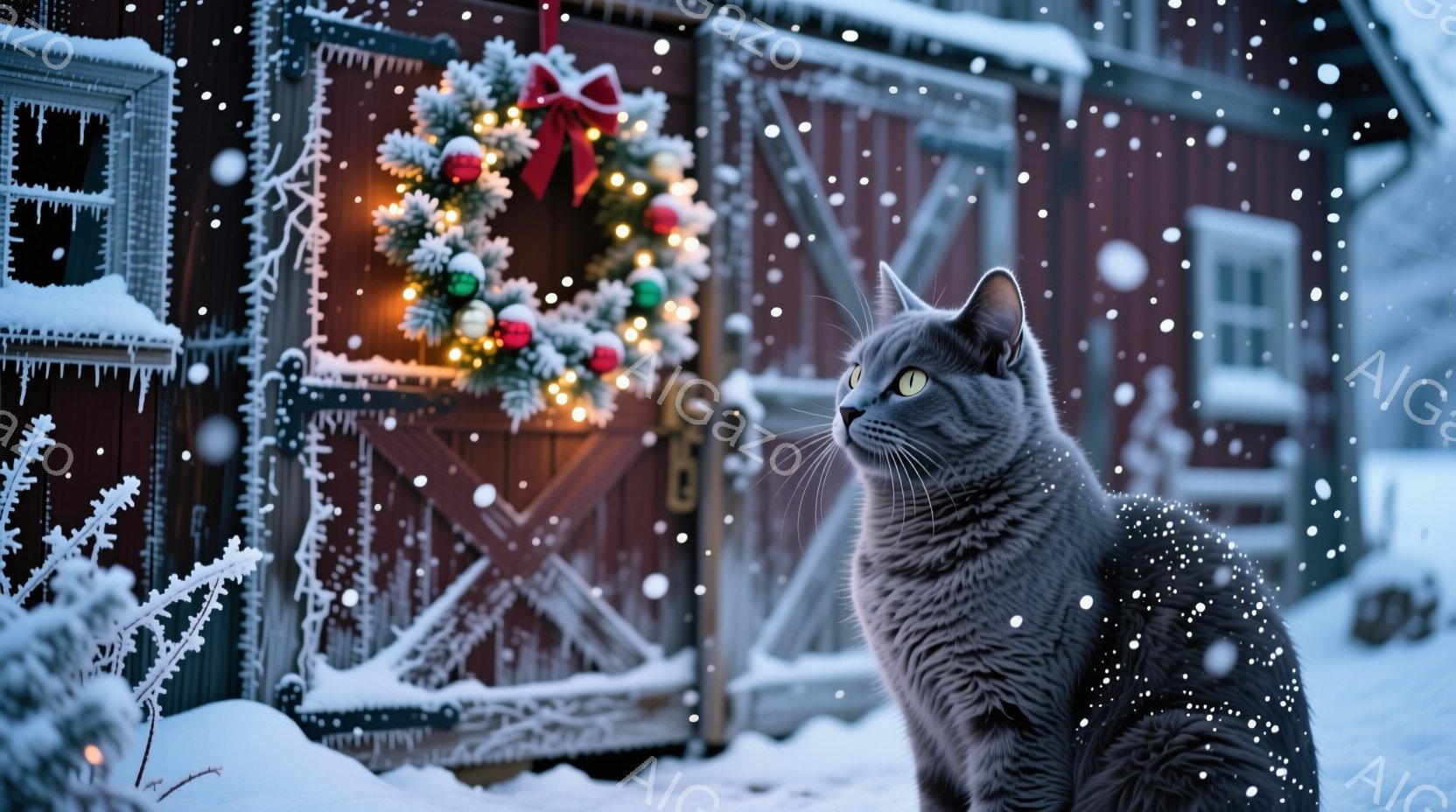 雪が舞う冬の風景の中に、灰色の猫が座っています。猫は少し上を見つめ、好奇心と警戒心が入り混じった表情をしています。背景には赤い外壁にクリスマスリースが飾られた建物があり、雪景色の中で温かい雰囲気を醸し出しています。