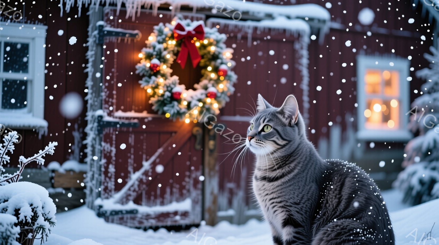 雪景色の中で、グレーと黒の縞模様の猫が写っています。猫は少し上を見上げており、好奇心と優雅さを感じさせます。背景には、クリスマスリースが飾られた赤い建物と、雪に覆われた木々があり、冬の暖かく穏やかな雰 - AI生成フリー素材