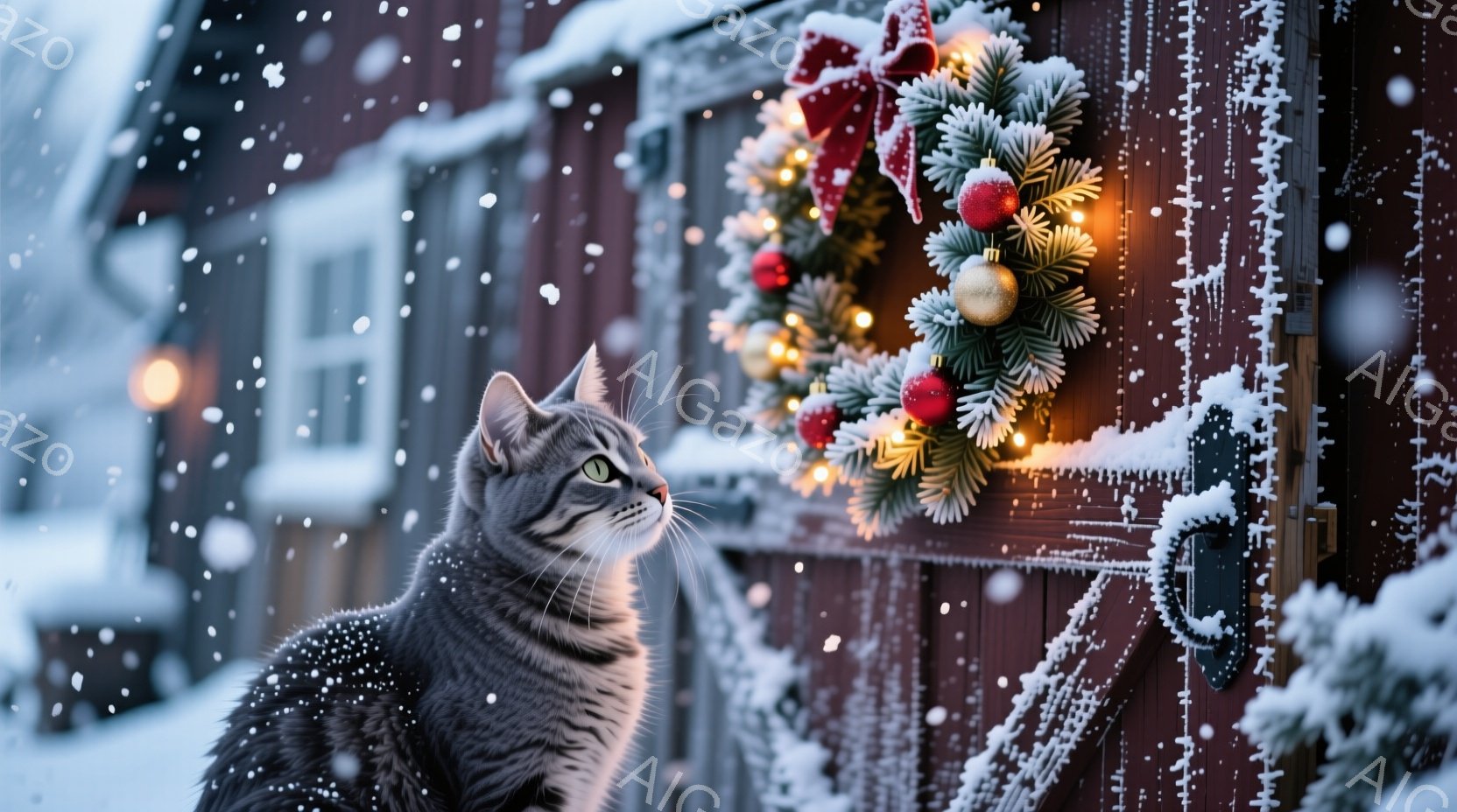 灰色の縞模様の猫が、赤い木製のドアに取り付けられたクリスマスリースを見上げています。雪が舞い降りる冬の背景には、雪化粧した建物が見え、温かい光がリースの装飾を照らしています。全体的に、暖かく穏やかな冬 - AI生成フリー素材