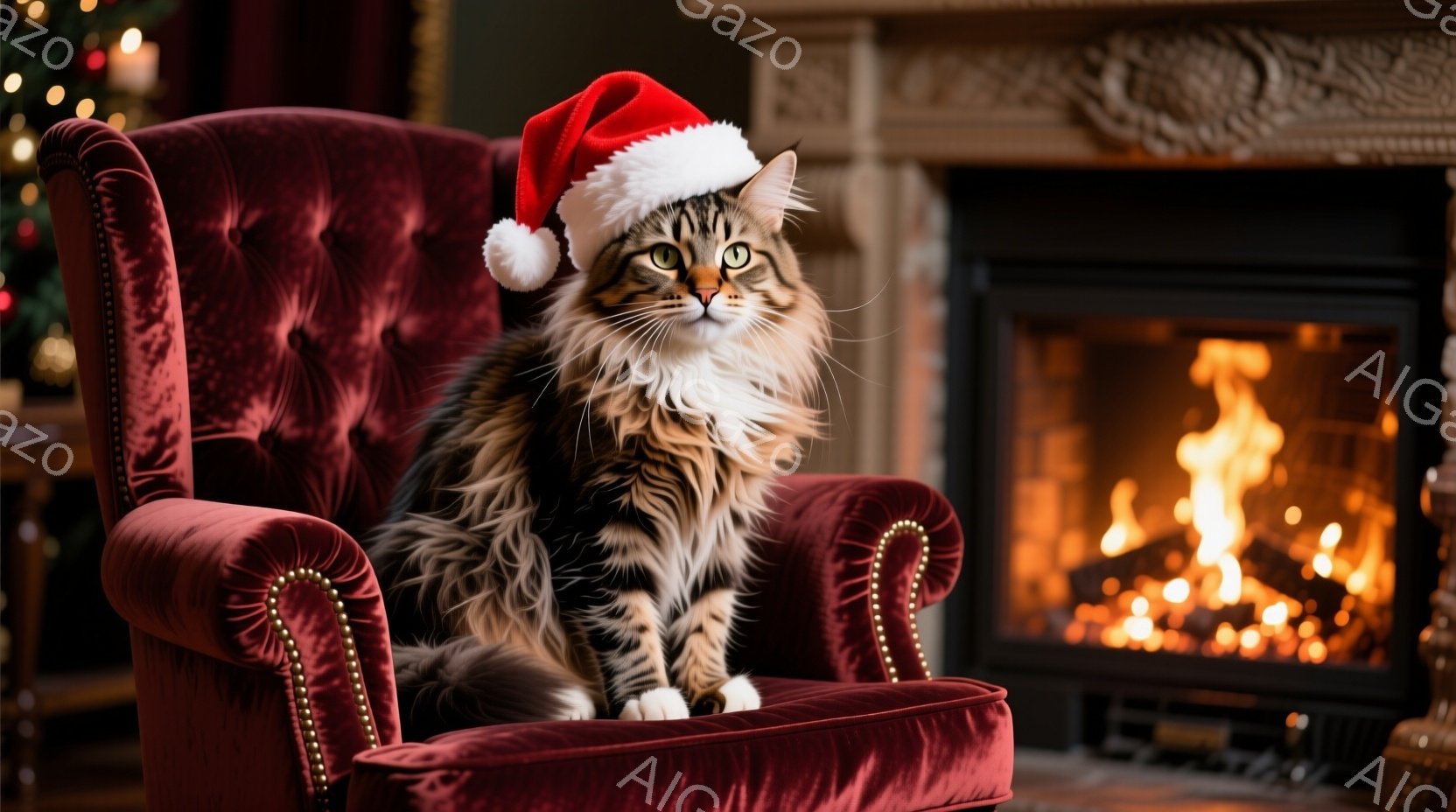 縞模様の猫が赤いベルベットの肘掛け椅子に座っており、頭にはサンタクロースの帽子をかぶっています。猫は正面を見つめ、少し自信に満ちた表情をしています。背景には暖炉があり、炎が燃え盛っており、温かく居心地 - AI生成フリー素材