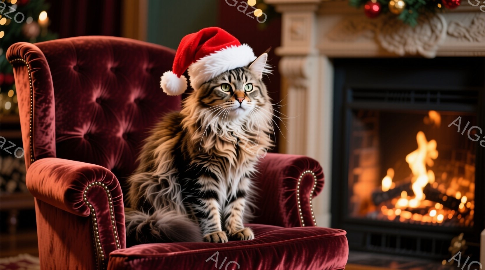 長毛の猫が赤いベルベットの肘掛け椅子に座っており、頭にはサンタクロースの帽子を被っています。背景には暖炉があり、炎が燃え盛っているのが見え、クリスマスの飾り付けがぼんやりと見えます。猫は少し顔を上げ、穏やかな表情でこちらを見ている様子は、暖かく、クリスマスの雰囲気に満ちています。