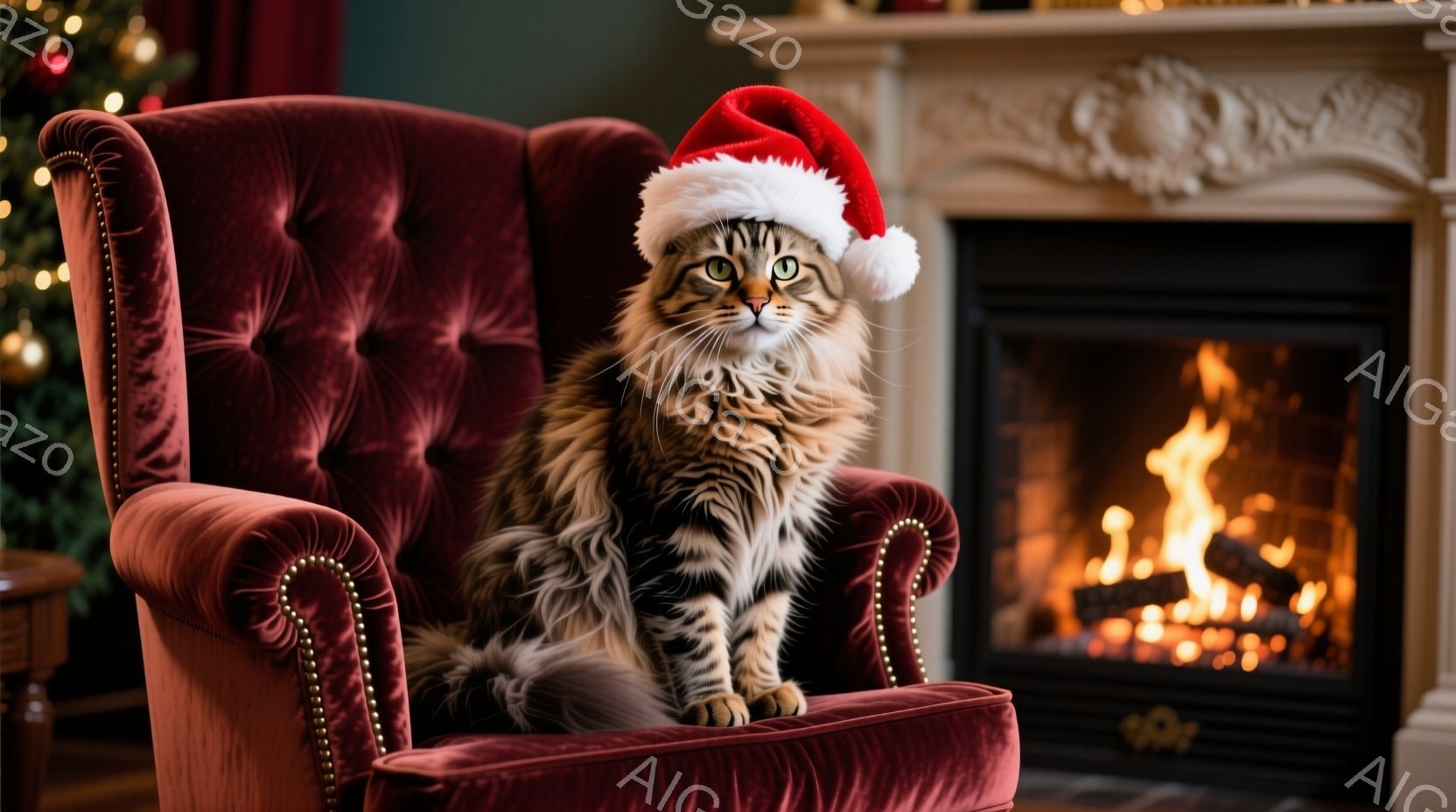 長い毛並みの茶トラ猫が、赤いベルベット調の肘掛け椅子に座っています。頭にはサンタ帽がちょこんと乗っており、緑色の瞳がこちらを見て、少しばかり退屈そうな表情を浮かべています。背景には暖炉の炎とクリスマスの飾り付けが見え、暖かい祝祭の雰囲気が漂っています。