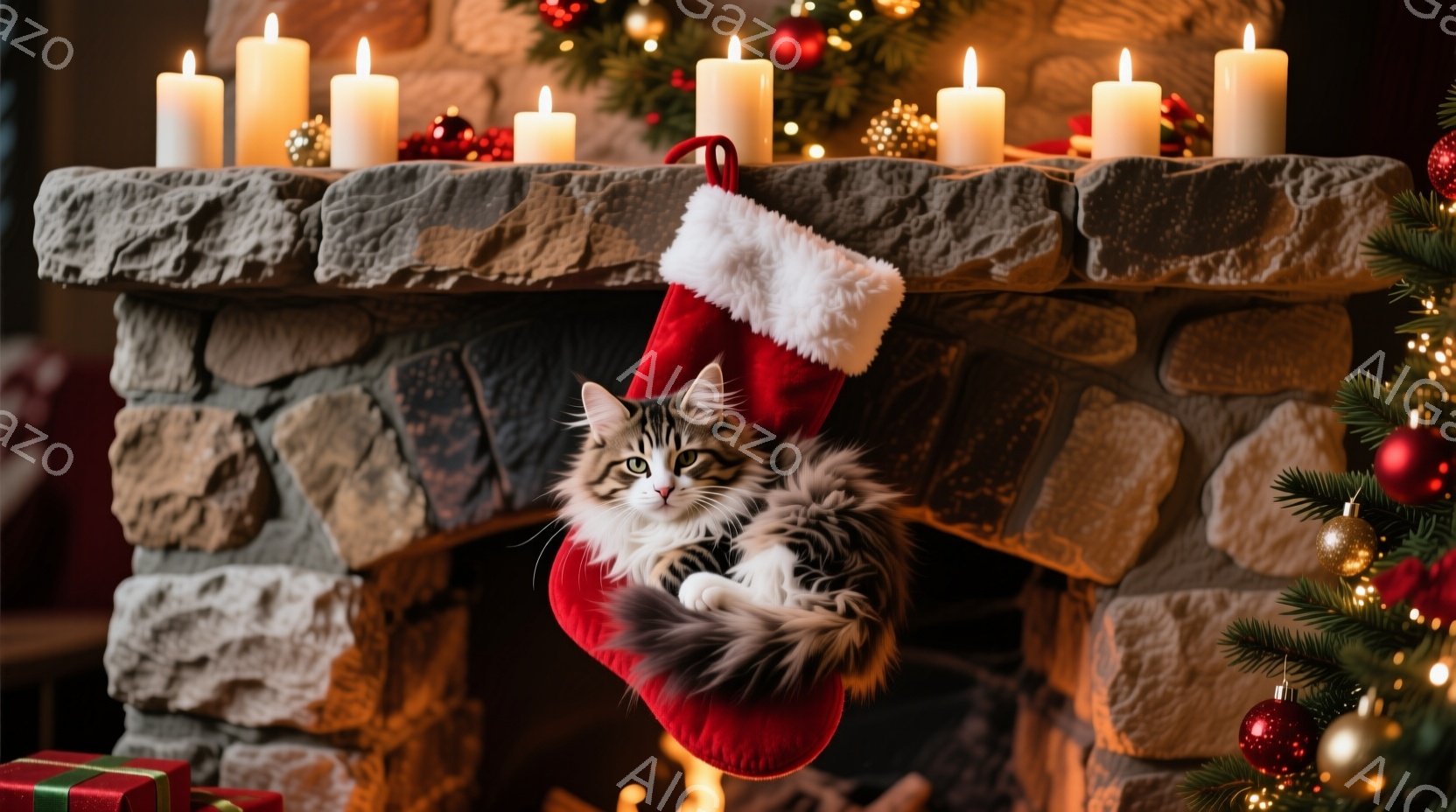 暖炉のそばにクリスマスソックスがあり、その中に縞模様の猫が丸まって座っています。猫は好奇心旺盛な表情で正面を見つめ、白い足がソックスの縁から覗いています。背景には、クリスマスツリーの飾りや点在するキャンドルがあり、暖かくお祝いムードに満ちた雰囲気です。