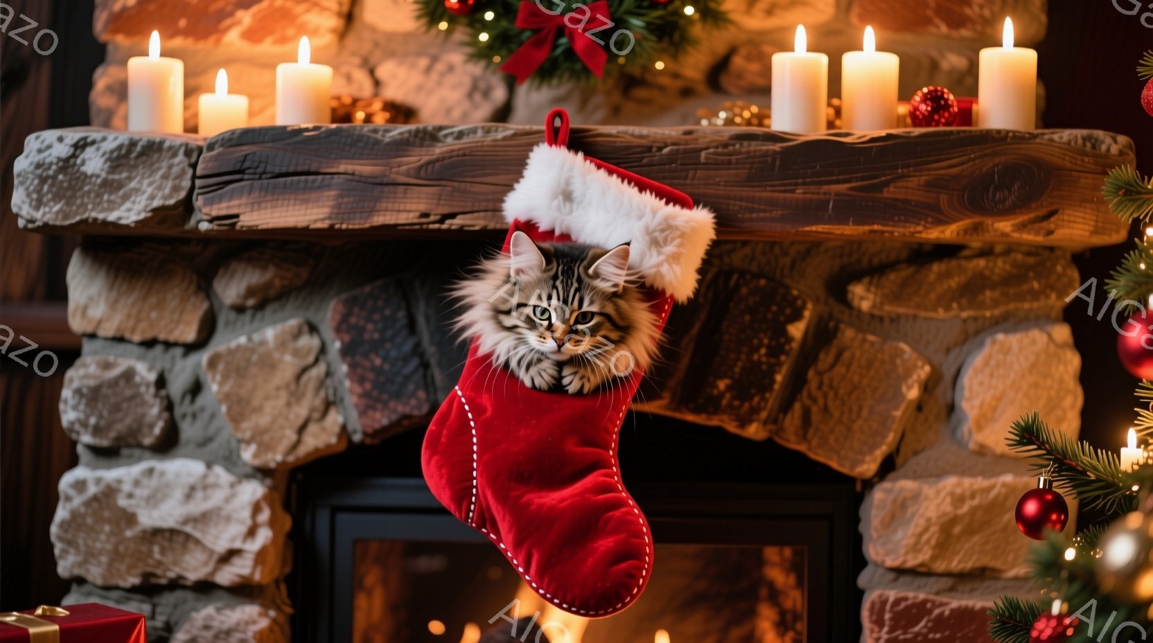 赤いクリスマスストッキングの中に、縞模様の猫が顔を出しています。猫は少し驚いたような表情で、大きな目でカメラを見ています。背景には暖炉と、飾られたクリスマスツリーがあり、温かく居心地の良い雰囲気が漂っ - AI生成フリー素材