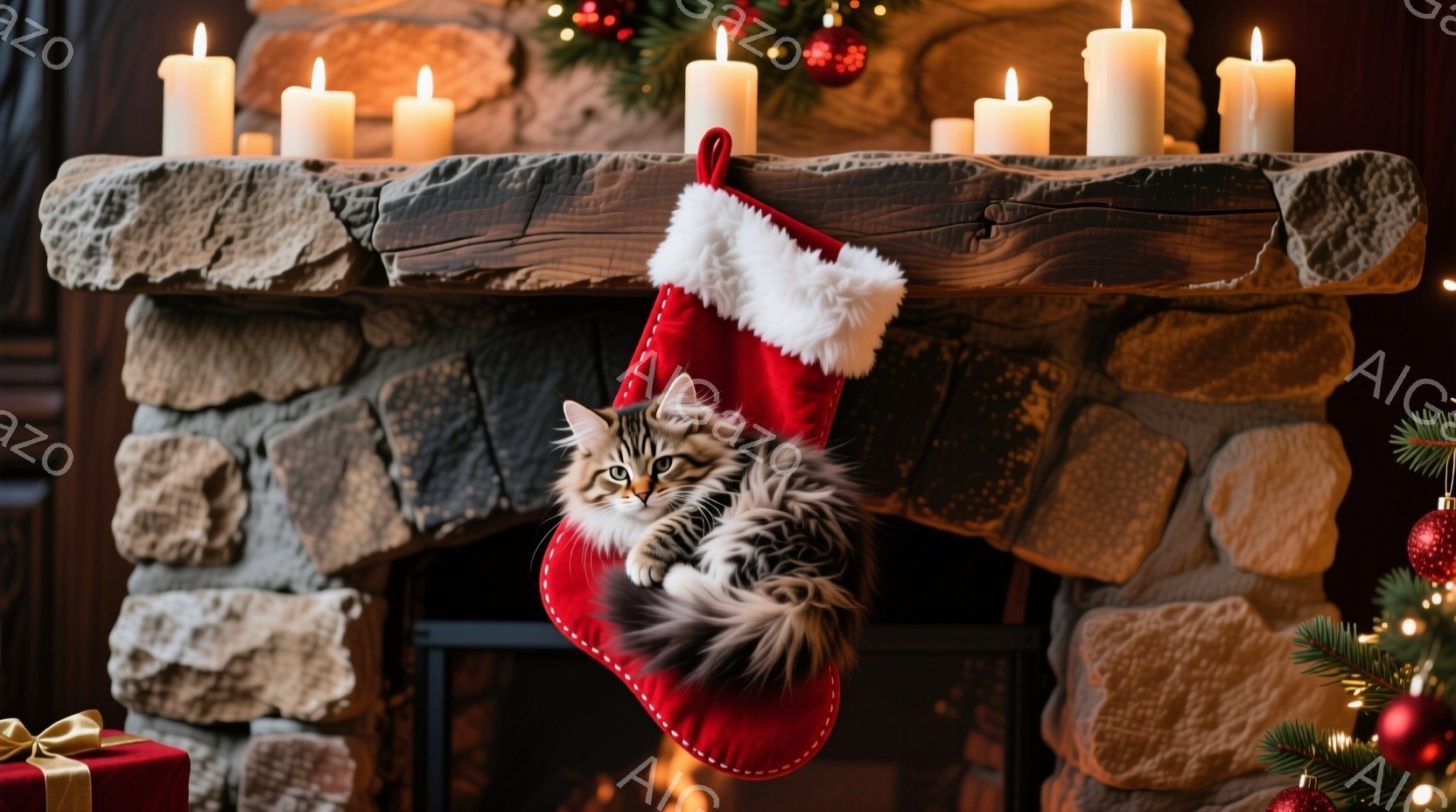 クリスマス柄の赤い靴下の中に、ふわふわの灰色の毛並みの小さな子猫が丸まって入っています。子猫は少し顔を出してこちらを見ており、好奇心と遊び心のある表情をしています。背景には石造りの暖炉と、クリスマスツ - AI生成フリー素材