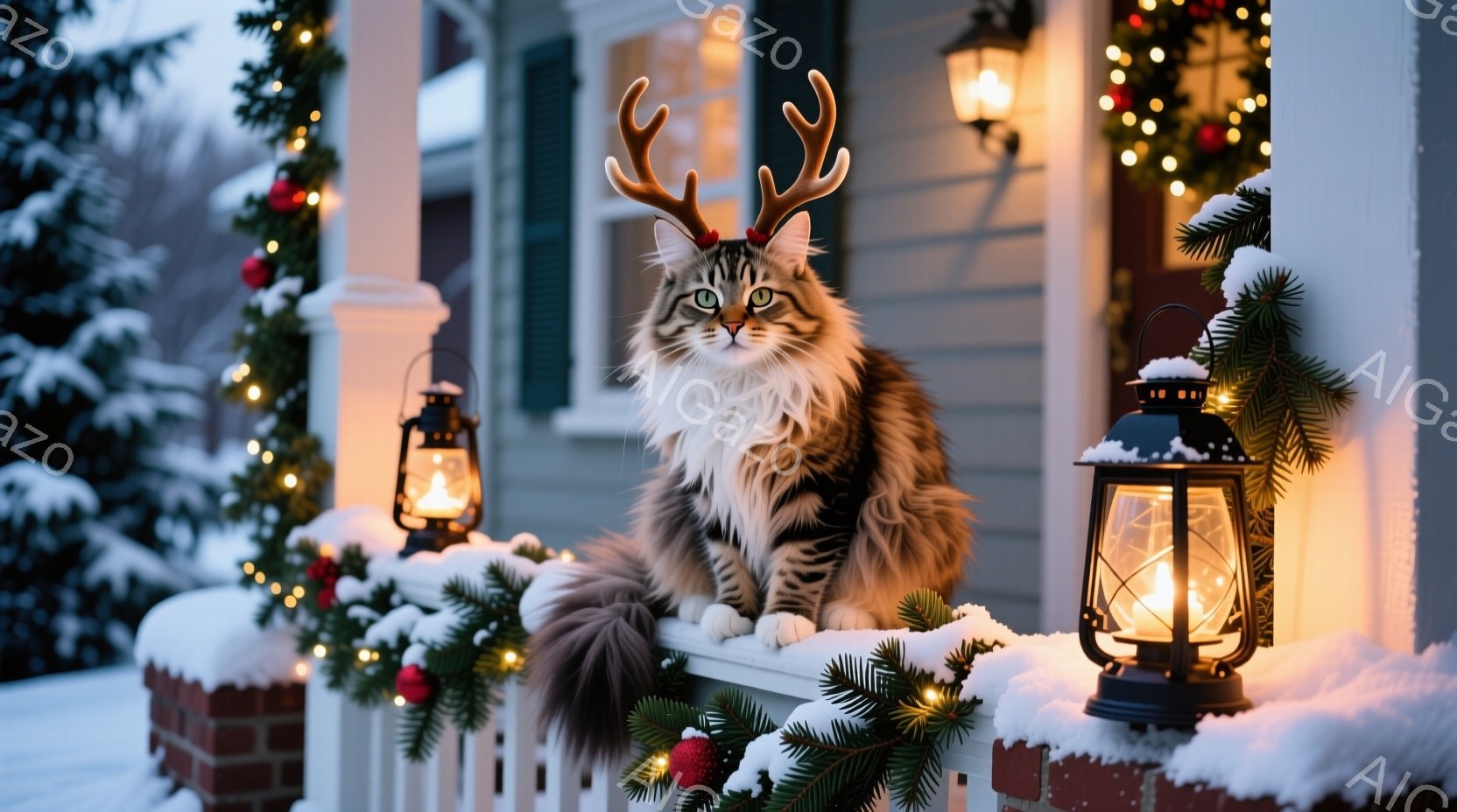 白い柵の上に、角の飾りをつけた大きな模様の猫が座っています。背景には、クリスマス飾りで飾られた家の玄関があり、雪が積もっています。暖かく幻想的な雰囲気で、冬のホリデーシーズンを表現しています。 - AI生成フリー素材