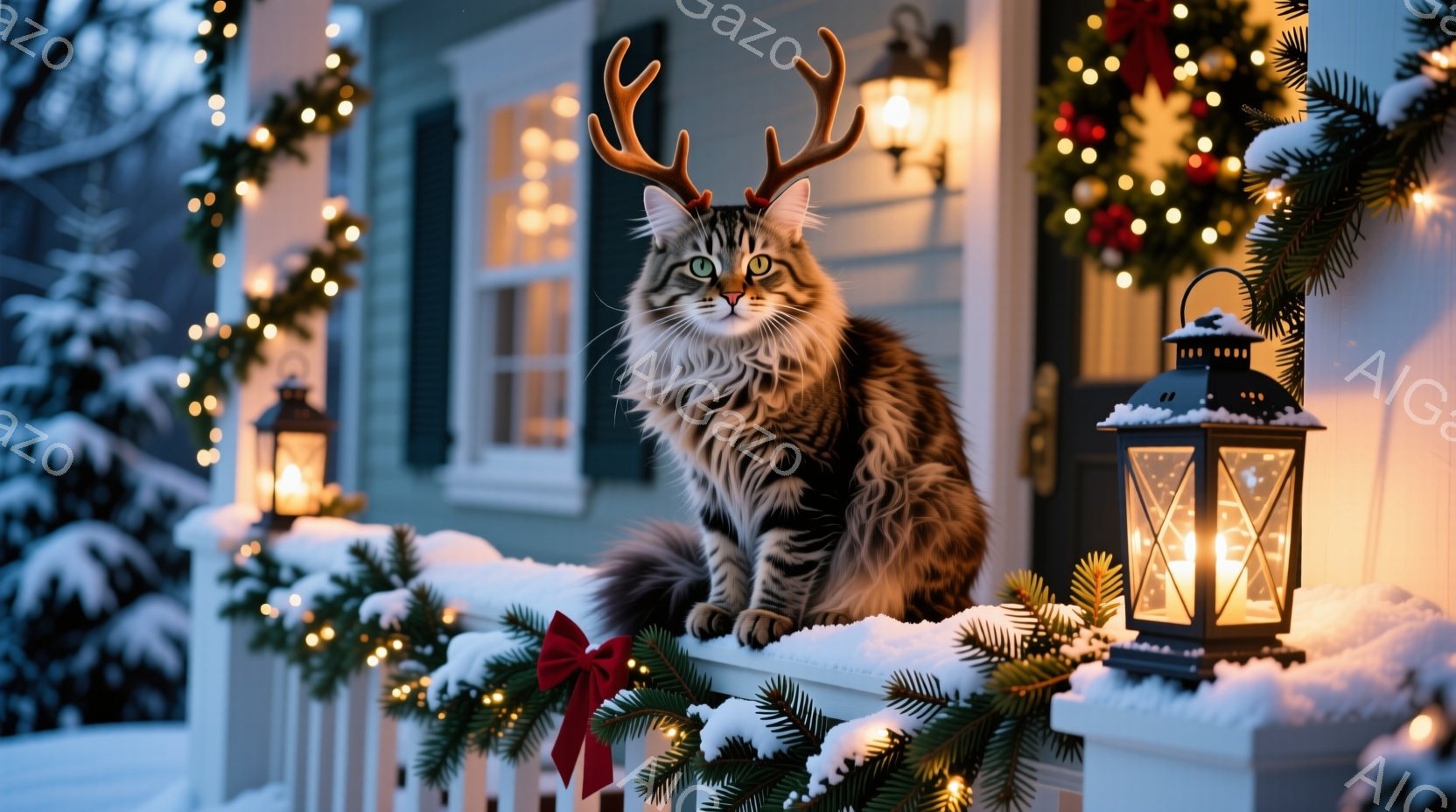 縞模様の大きな猫が、雪積もった柵の上に座ってこちらを見つめています。背景にはクリスマスツリーの飾りが施された家があり、暖かい光が灯っています。雪景色と装飾が相まって、温かくお祝いムード満載の冬の光景です。