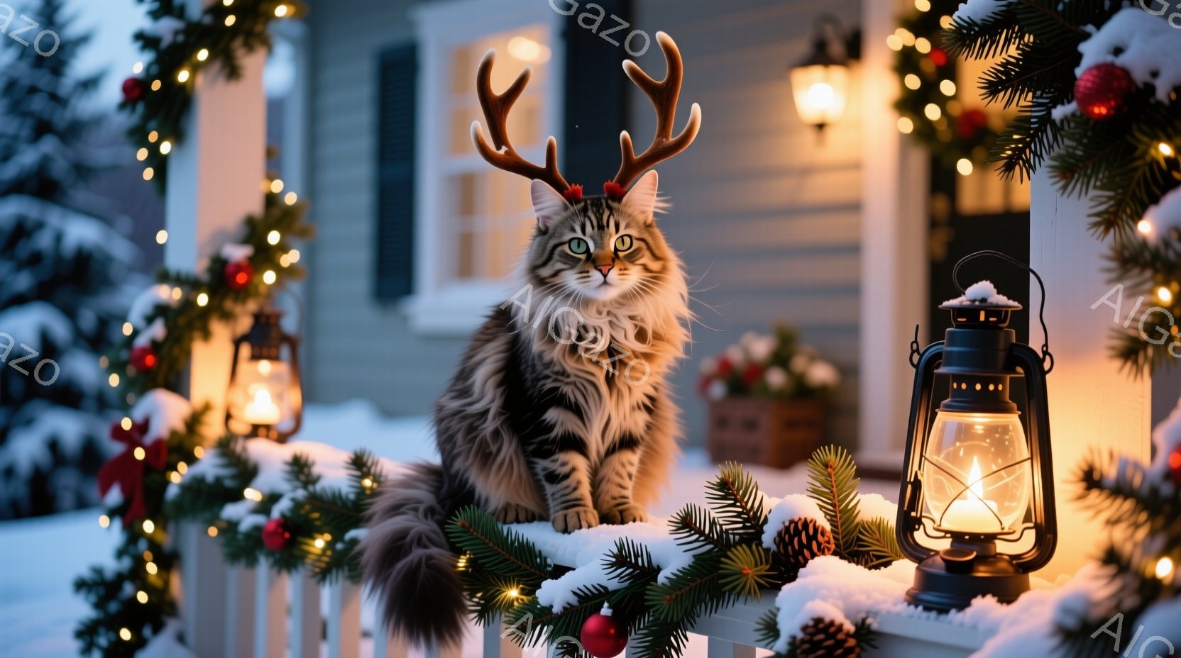 長毛の猫が、クリスマスの角飾りをつけて、雪に覆われたベランダの手すりに座っています。背景には、クリスマスツリーの飾り付けと点灯したランタンがあり、穏やかで温かい雰囲気を醸し出しています。雪景色とライト - AI生成フリー素材
