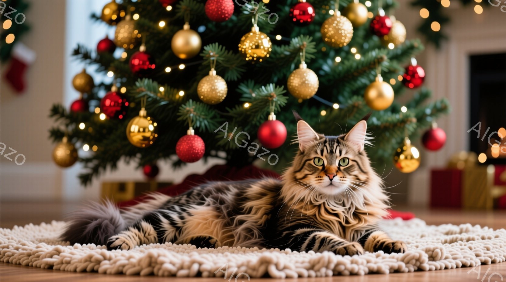 茶色の縞模様の大きな猫が、丸いベージュのラグの上に横たわっています。背景には、赤と金のオーナメントで飾られたクリスマスツリーがあり、暖かくお祝いの雰囲気が漂っています。猫はリラックスした様子で、カメラ - AI生成フリー素材