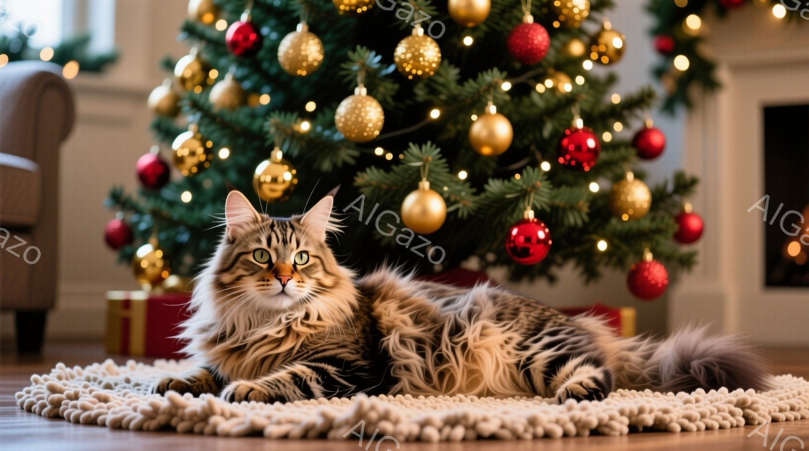長毛の猫が、白い丸いラグの上でリラックスして横たわっています。背景には、赤いオーナメントと金色の飾りで飾られたクリスマスツリーがあり、プレゼントボックスも置かれています。暖かく、お祝いムードに満ちた、居心地の良い雰囲気です。