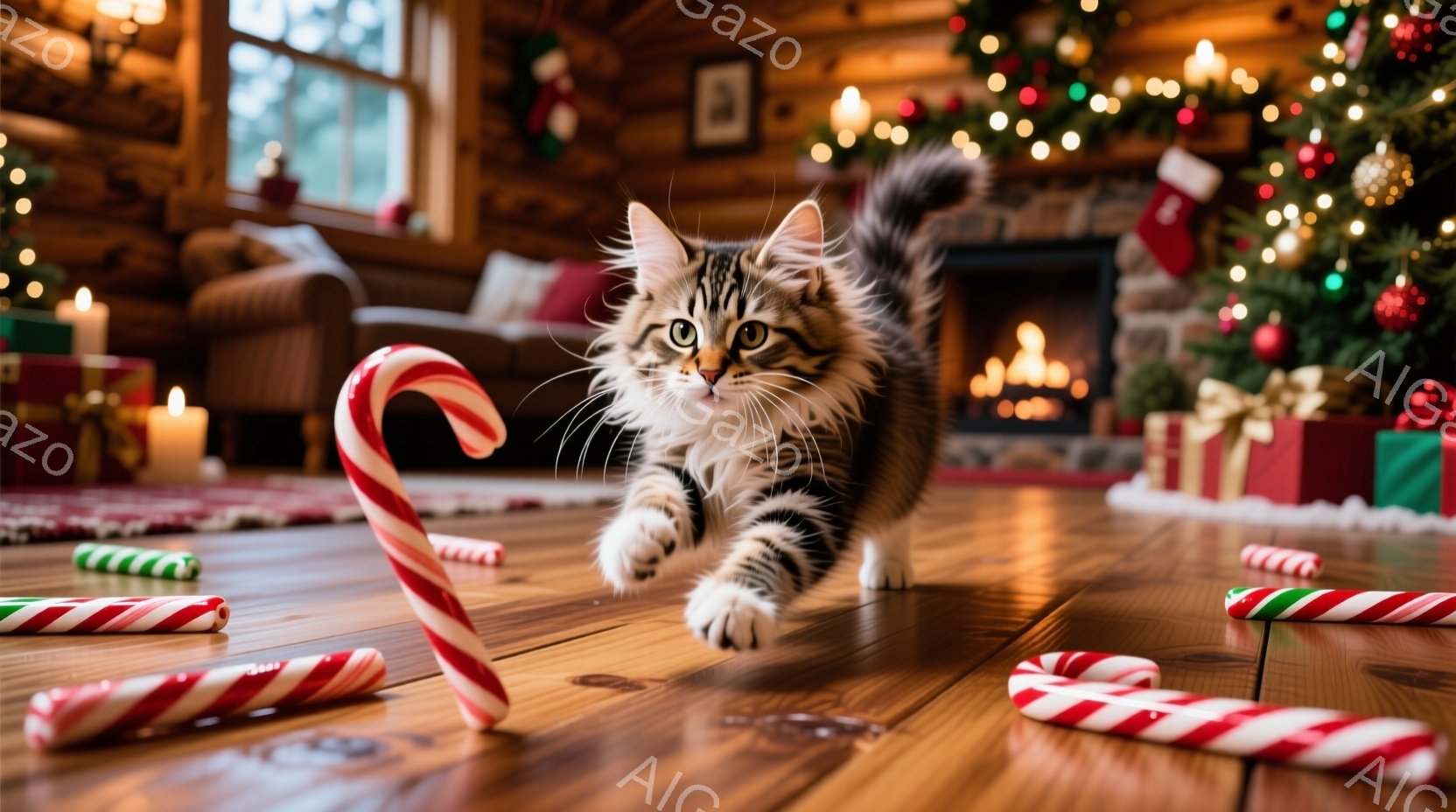 縞模様の小さな子猫が、プレゼントやキャンディケーンが散らばる木の床の上を元気に走り回っています。背景には、クリスマスツリー、暖炉、そして飾り付けられた室内がぼやけ、温かくお祝いムードを醸し出しています - AI生成フリー素材