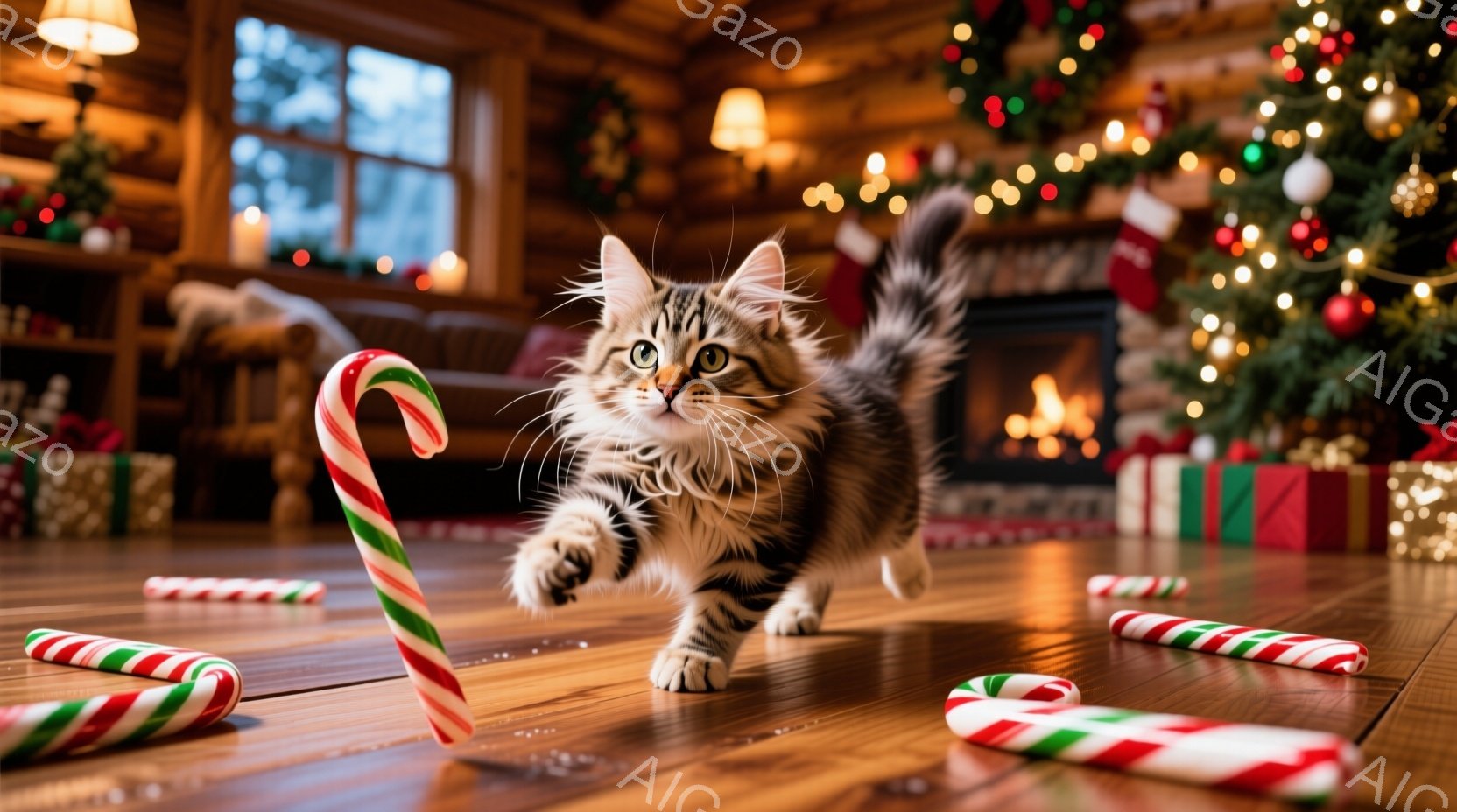 暖炉のある木の床に、縞模様の子猫がキャンディケーンを追いかけている様子が写っています。背景にはクリスマスツリーが飾られ、プレゼント箱も置かれており、暖かいクリスマスの雰囲気が漂っています。子猫は活発で遊び心に満ち溢れ、キャンディケーンに向かって飛びかかろうとしている姿が可愛らしいです。