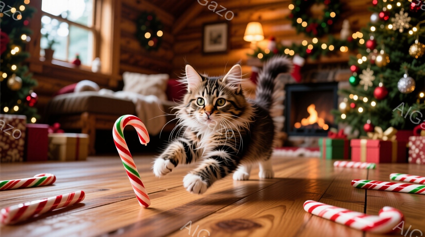 縞模様の子猫が、クリスマスのキャンディケーンを追いかけて床を駆け抜けています。背景には、飾られたクリスマスツリーやプレゼント、暖炉が見え、室内は温かく、お祝いムードに包まれています。床にはキャンディケ - AI生成フリー素材