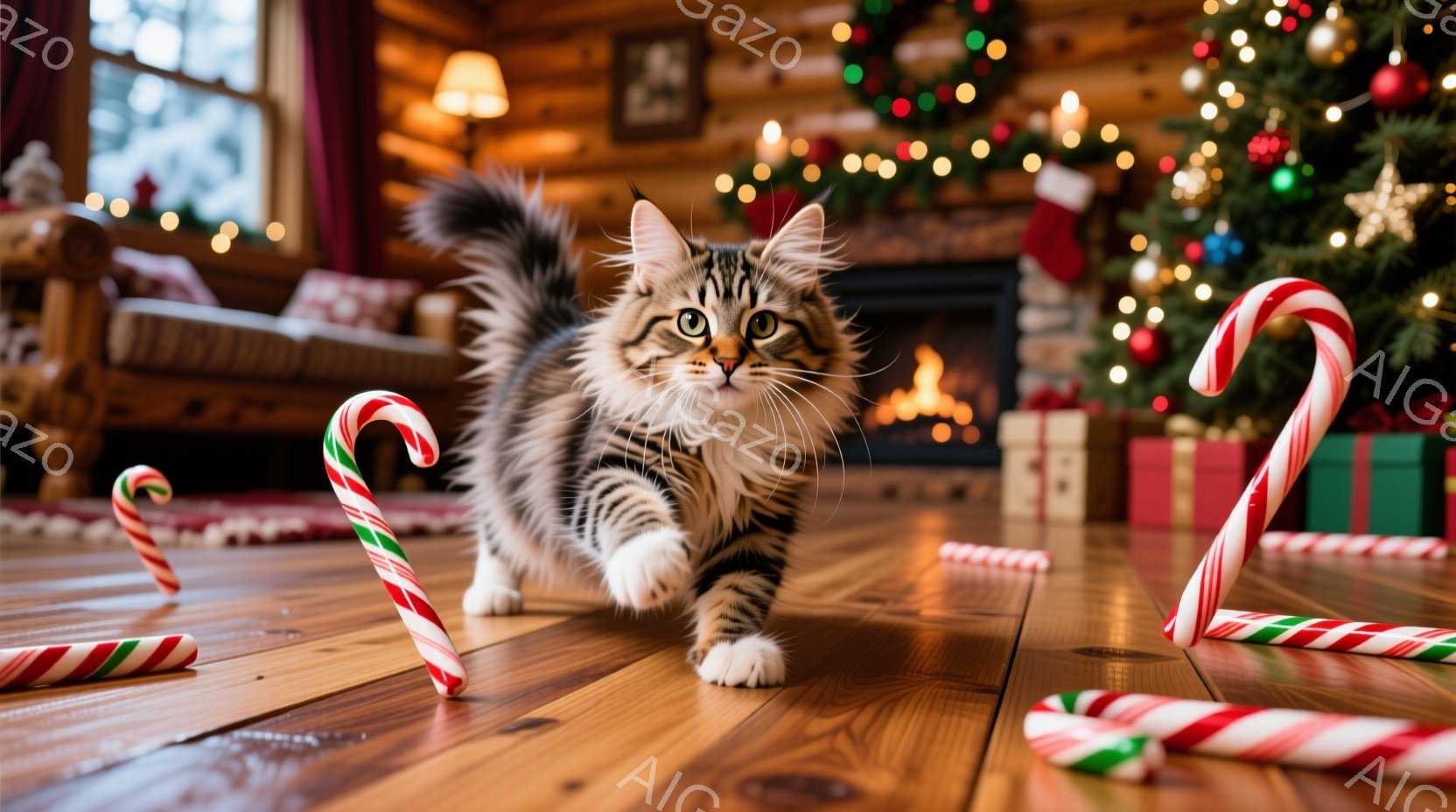 縞模様のふわふわの猫が、クリスマスプレゼントの周りに散らばるキャンディケーンの間を自信を持って歩いています。背景には、キラキラと輝くオーナメントで飾られたクリスマスツリーと暖炉があり、暖かく居心地の良い雰囲気を醸し出しています。木製の床とホリデーデコレーションが、このシーンに季節感と喜びをもたらしています。