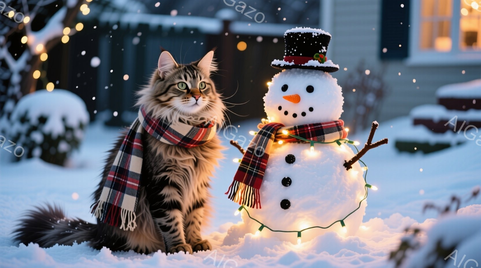 長毛の縞模様の猫が雪の中に座り、赤いチェック柄のスカーフを巻いている。その隣には、ニンジンで鼻が作られ、ライトで飾られた雪だるまが立っている。背景には雪景色が広がり、暖かい光が灯った家が見え、冬の穏や - AI生成フリー素材