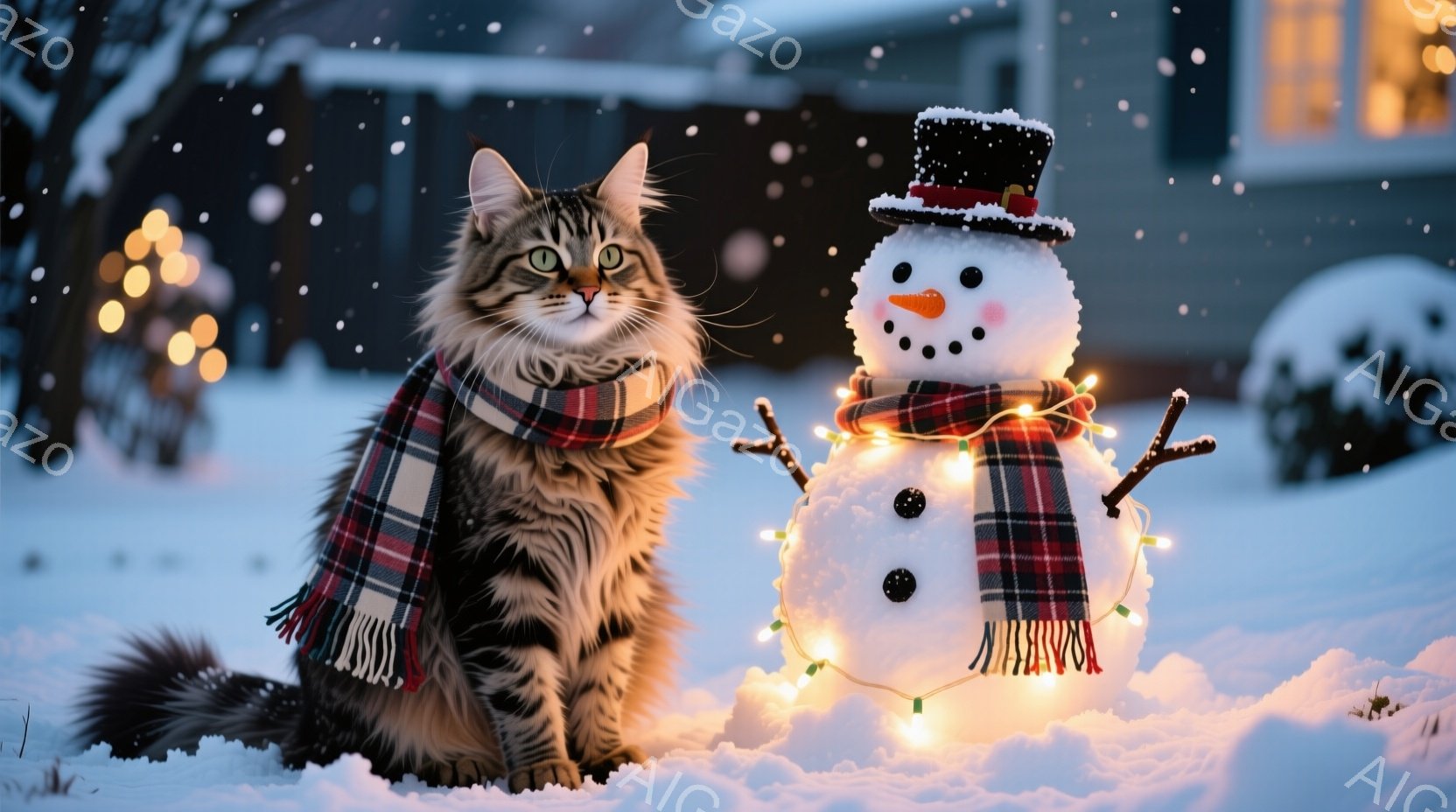 長毛の茶トラ猫が、赤いチェックのショールを首に巻き、雪の上に座っています。猫の表情は穏やかで、少しこちらを見つめているようです。背景には、イルミネーションで飾られた雪だるまや、ぼんやりと見える家の窓、そして雪が舞う冬の風景が広がっています。