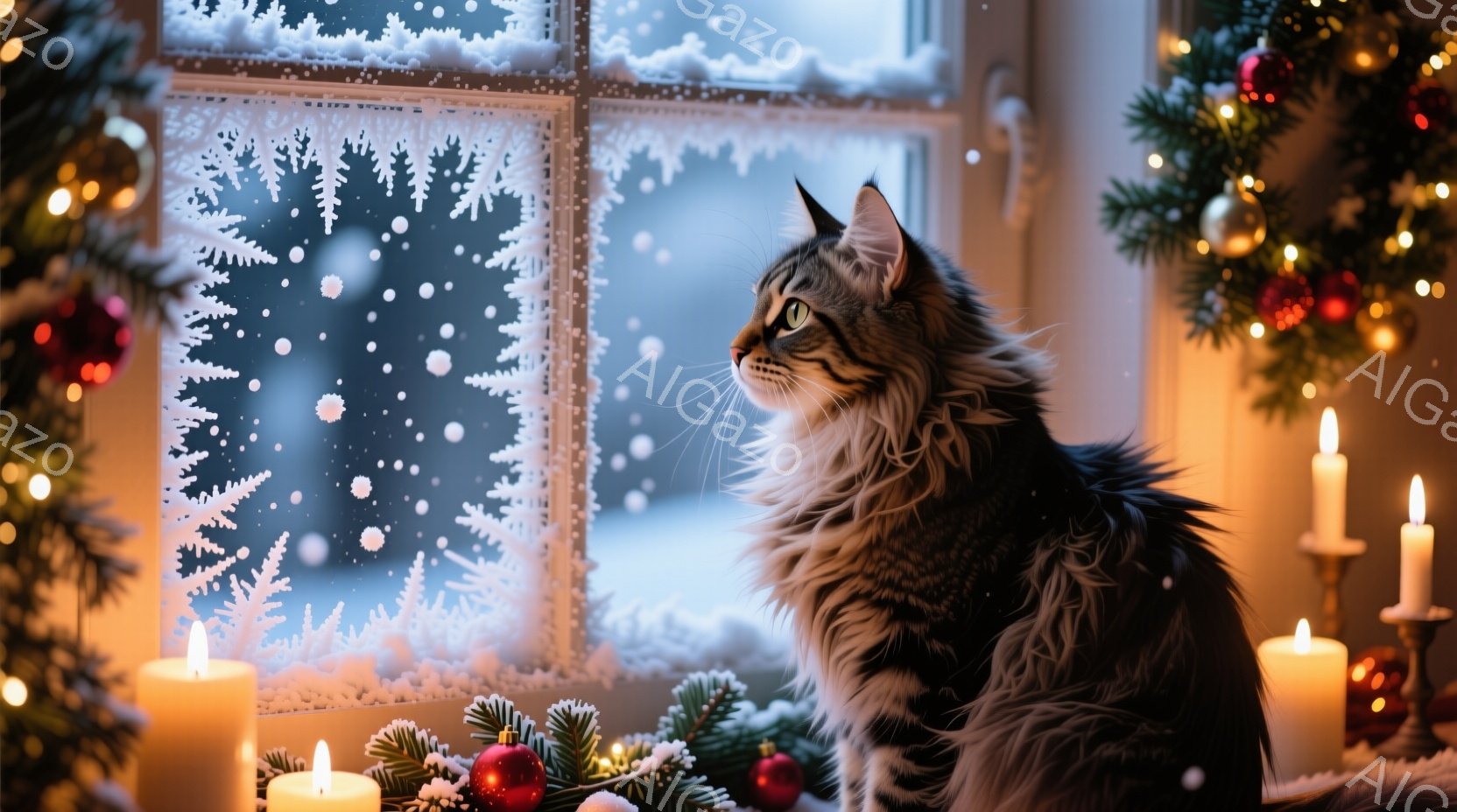 長毛の猫が窓の外の雪景色を眺めています。窓には霜模様が描かれ、周囲にはクリスマスツリーや点灯されたキャンドルが配置され、温かく幻想的な雰囲気が漂っています。猫は少し上目遣いで、リラックスした姿勢で冬の - AI生成フリー素材