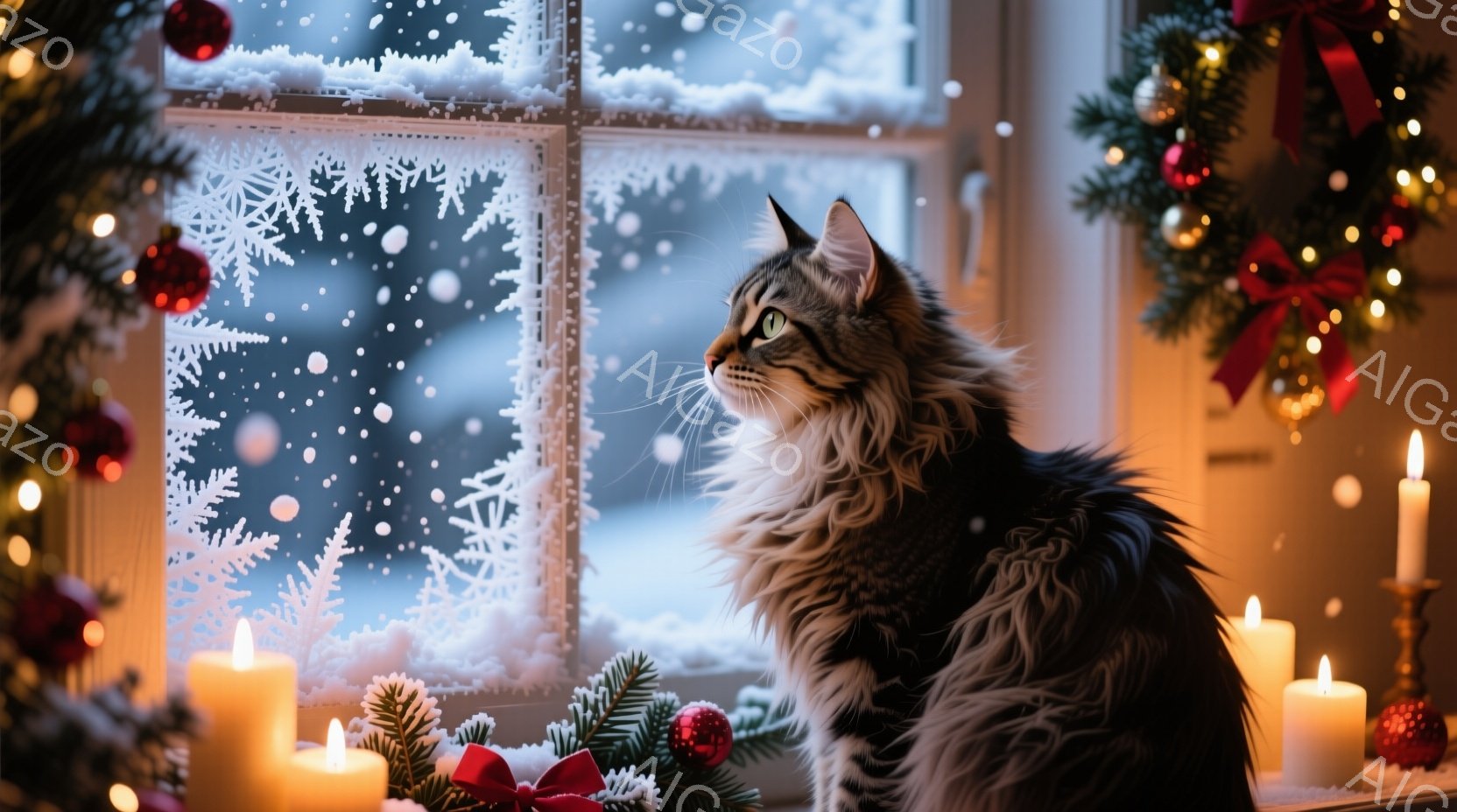 長毛の猫が窓辺に座り、雪景色を眺めています。背景にはクリスマスツリーの飾りと灯されたキャンドルがあり、暖かく穏やかな雰囲気を醸し出しています。窓には雪の結晶模様が描かれており、冬の静寂と祝祭の喜びが感 - AI生成フリー素材