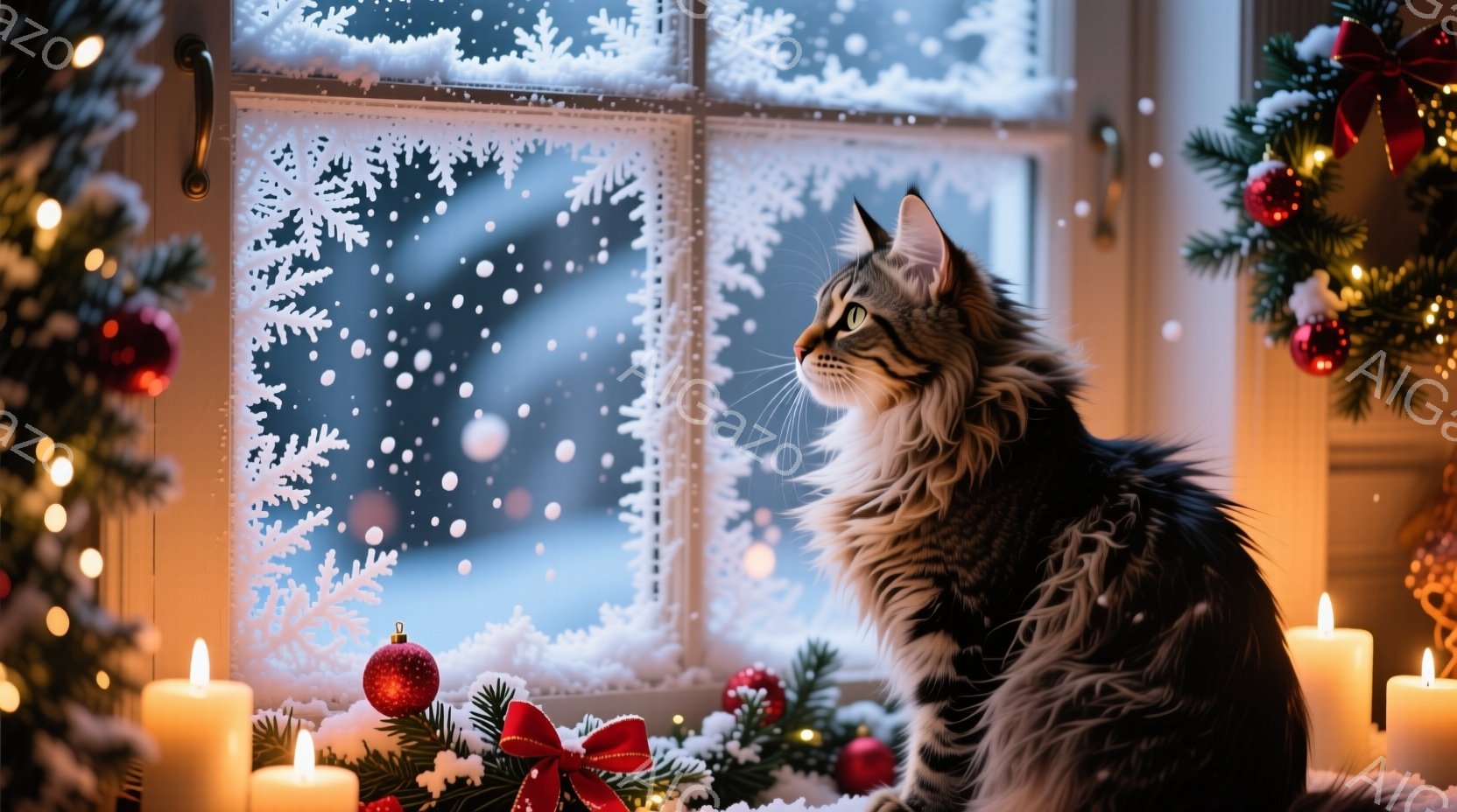 長毛の猫が窓の外の雪景色を眺めている。窓辺にはクリスマスツリーの飾りや、灯りの灯ったキャンドルが置かれ、温かく幻想的な雰囲気を醸し出している。雪が舞い散る冬の夜、猫は静かに何かを想うように見つめている - AI生成フリー素材