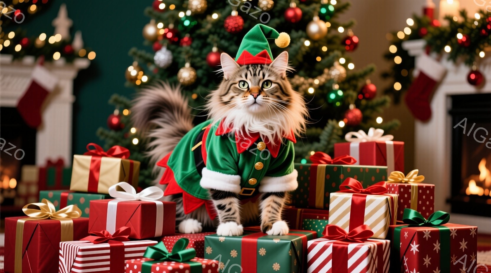 茶色の縞模様の猫が、クリスマスのエルフの衣装を着て、プレゼントの山の上に座っています。猫は緑色のベストと赤い帽子を身に着け、自信に満ちた表情で正面を見つめています。背景には、飾られたクリスマスツリーと - AI生成フリー素材