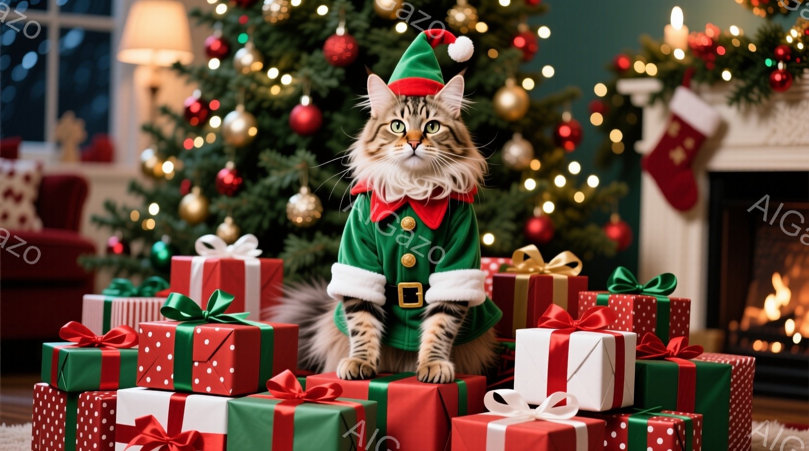 縞模様の猫が、クリスマスのエルフの衣装を着て、プレゼントの山の上に座っています。エルフの衣装は緑色で、白い襟と金のバックルが付いており、猫の頭には赤い帽子が乗っています。背景には、飾られたクリスマスツ - AI生成フリー素材