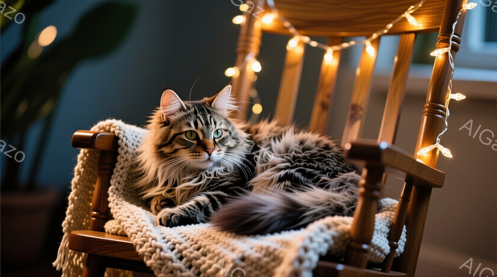 長毛の縞模様の猫が、編み物のブランケットが敷かれたロッキングチェアにゆったりと横たわっています。猫は少し目を細め、リラックスした表情を浮かべており、背景にはぼんやりと植物が見え、温かい光のストリングライトが飾られています。 全体的に、穏やかで居心地の良い、安らかな雰囲気が漂っています。