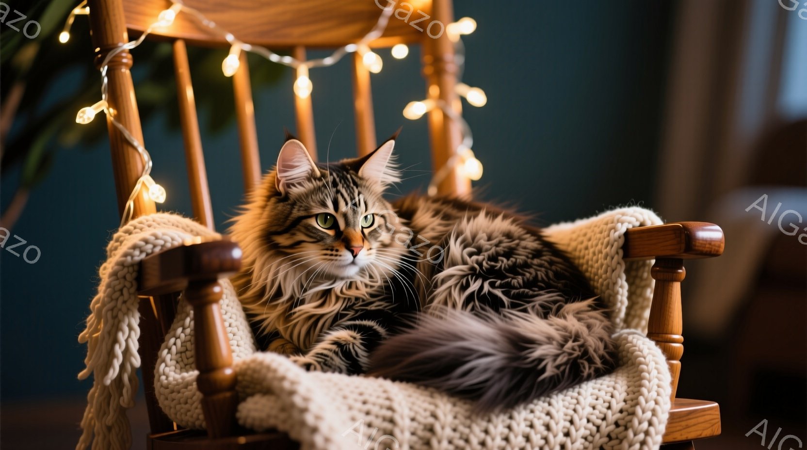 長毛の茶トラ猫が、木製のロッキングチェアに丸まって座っています。クリーム色の編み物のブランケットが椅子の座面に敷かれており、猫はリラックスした表情でこちらを見つめています。背景にはぼんやりとした室内の - AI生成フリー素材