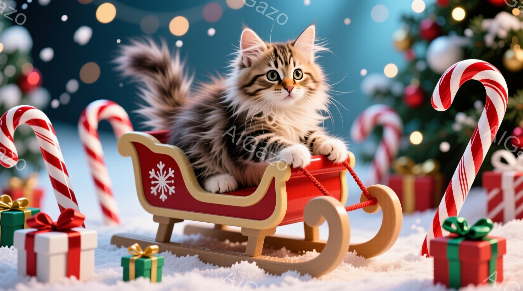 小さな三毛猫が赤いそりに乗って微笑んでいます。背景には、クリスマスツリー、プレゼントの箱、そしてキャンディケーンが雪の上に置かれており、お祝いの雰囲気が漂っています。全体的に暖かく、愛らしいクリスマスのシーンが表現されています。