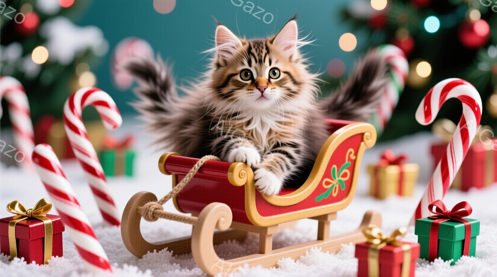 ふわふわの茶トラ猫が赤いそりに座り、前足をそりの縁につかまっています。背景には、プレゼントボックスやキャンディケーンが雪の上に置かれ、ぼやけたクリスマスツリーが暖かく輝いています。全体的に、可愛らしく、温かいクリスマスの雰囲気が漂っています。
