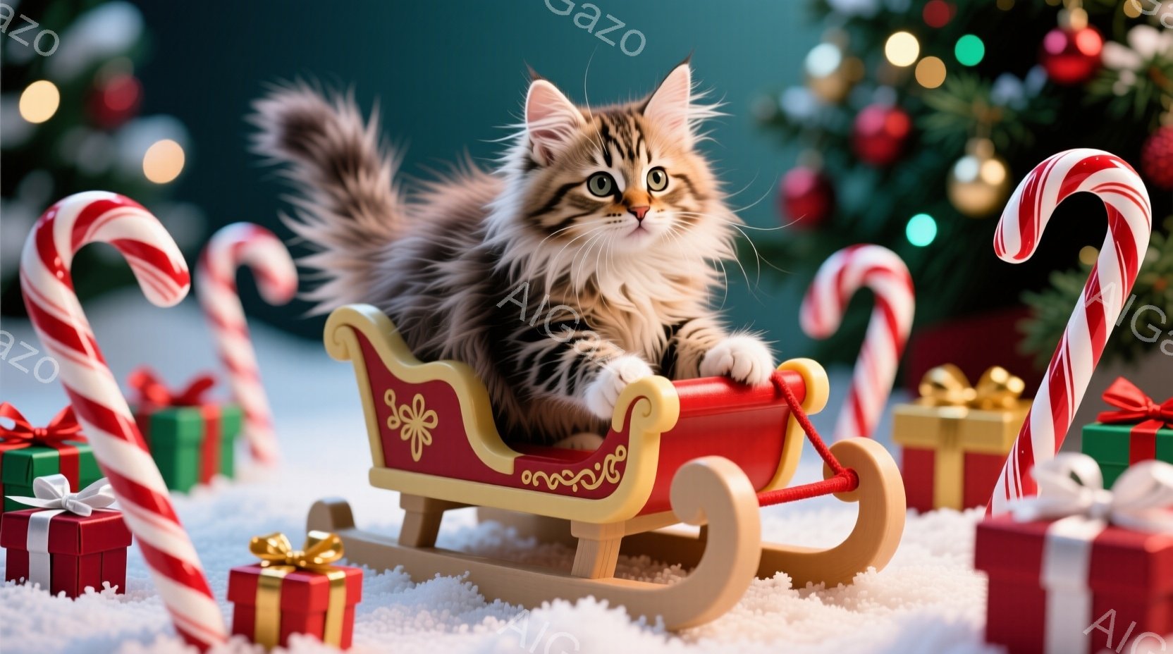 縞模様の小さな子猫が、赤いそりに乗ってこちらを見ています。そりの周りには、キャンディケーンやリボンで飾られたプレゼントボックスが散らばり、背景にはぼやけたクリスマスツリーが見えます。全体的に暖かく、お祝いムードに満ちた、可愛らしい雰囲気です。