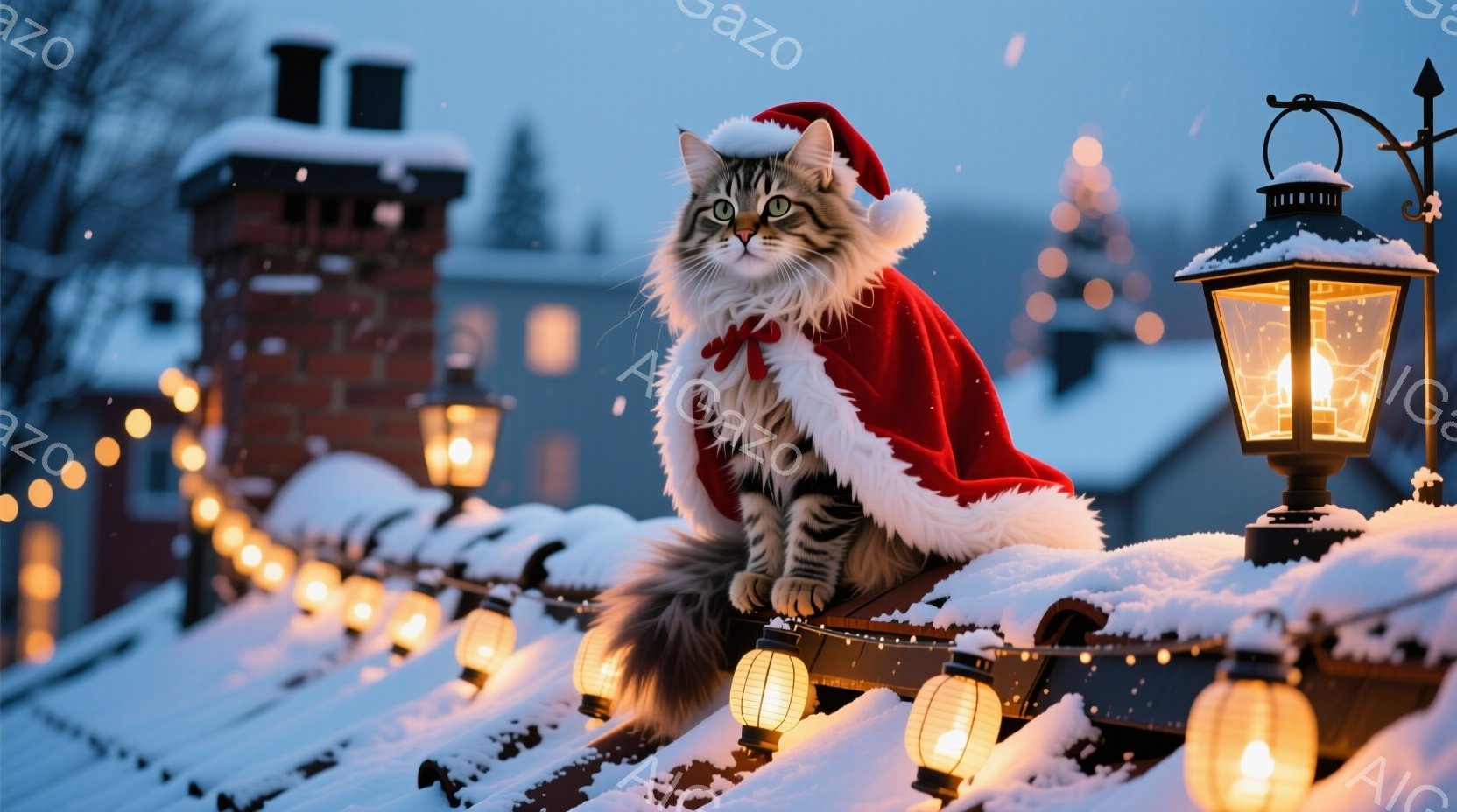 白い毛並みと縞模様の猫が、赤いサンタクロースの帽子とマントを身に着けて屋根の上に座っています。猫は正面を見ており、やや自信に満ちた表情をしています。背景には雪で覆われた家々、点灯したランタン、そして薄 - AI生成フリー素材