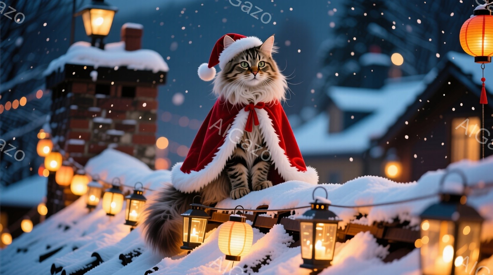 ふわふわの縞模様の猫が、サンタ帽と赤いマントを身に着けて雪の上に座っています。背景には雪で覆われた屋根と煙突、そして温かい光を放つランタンの連なりがあり、幻想的な冬の風景を作り出しています。雪が舞い降 - AI生成フリー素材