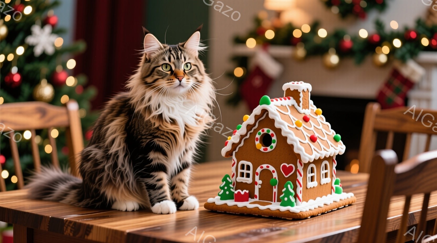 長毛の縞模様の猫が木のテーブルの上に座っており、足元にはジンジャーブレッドハウスが置かれています。背景にはぼやけたクリスマスツリーと装飾が見え、温かく穏やかなホリデーの雰囲気を醸し出しています。猫は少 - AI生成フリー素材