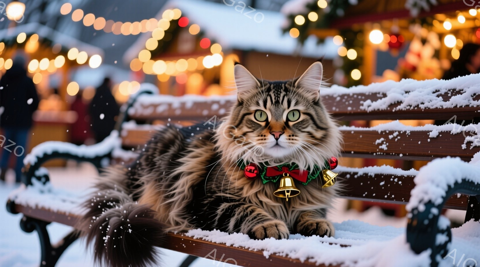 長毛の猫が雪で覆われたベンチに横たわっており、赤いリボンと鈴のネックレスをつけている。背景にはぼやけたクリスマスマーケットのような賑わいがあり、温かい光が輝いている。雪が舞い散る冬の夜の、暖かく、お祝いムードに満ちた光景である。