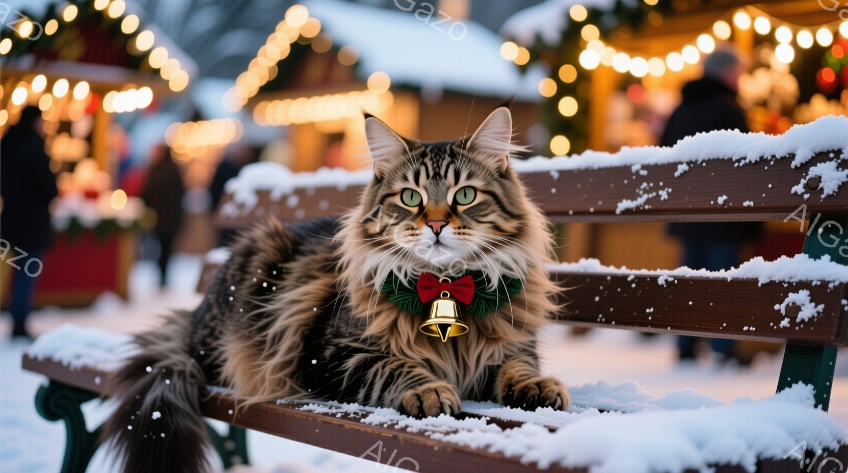 長毛の猫が雪の積もったベンチに横たわっており、赤いリボンと小さな金のベルが付いた首輪をしています。背景には、ぼやけたクリスマスマーケットの屋台が並び、暖かい光が灯っています。全体的に、穏やかで冬の温かさを感じさせる雰囲気です。