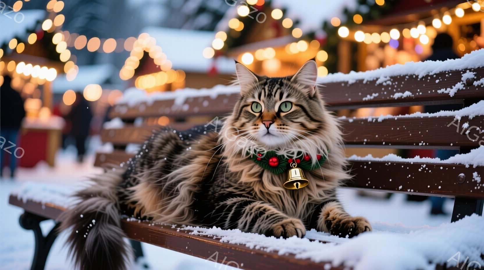 長い毛並みの縞模様の猫が、雪の積もった木製のベンチに横たわっています。赤い実と葉で飾られた首輪と、小さな金の鈴をつけており、緑色の瞳がこちらを見つめています。背景にはぼやけた光が灯る建物や人々が見え、雪が舞う幻想的な冬の雰囲気を醸し出しています。