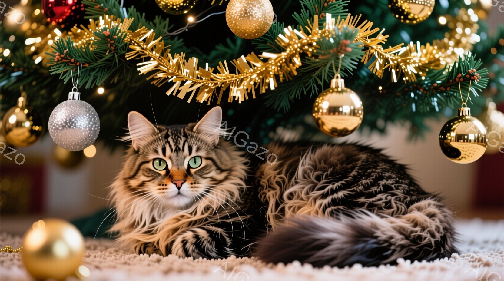 黒と茶色の縞模様の大きな猫が、白い毛並みのラグの上に丸まって座っています。猫は緑色の目をしており、穏やかでリラックスした表情を浮かべています。背景には、金色のオーナメントで飾られたクリスマスツリーがあ - AI生成フリー素材